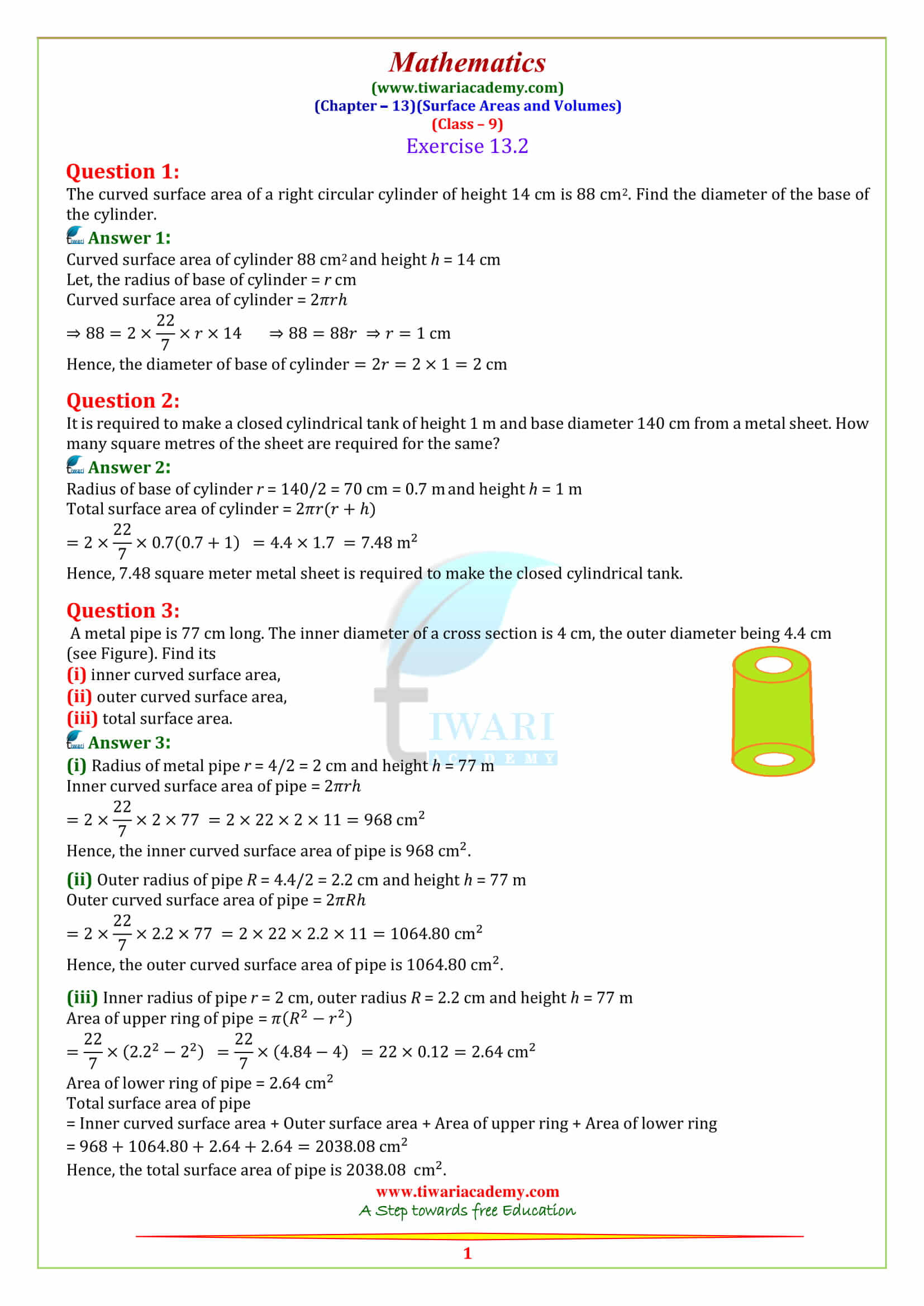 9 Maths Chapter 13 Surface Areas and Volumes Exercise 13.2 sols
