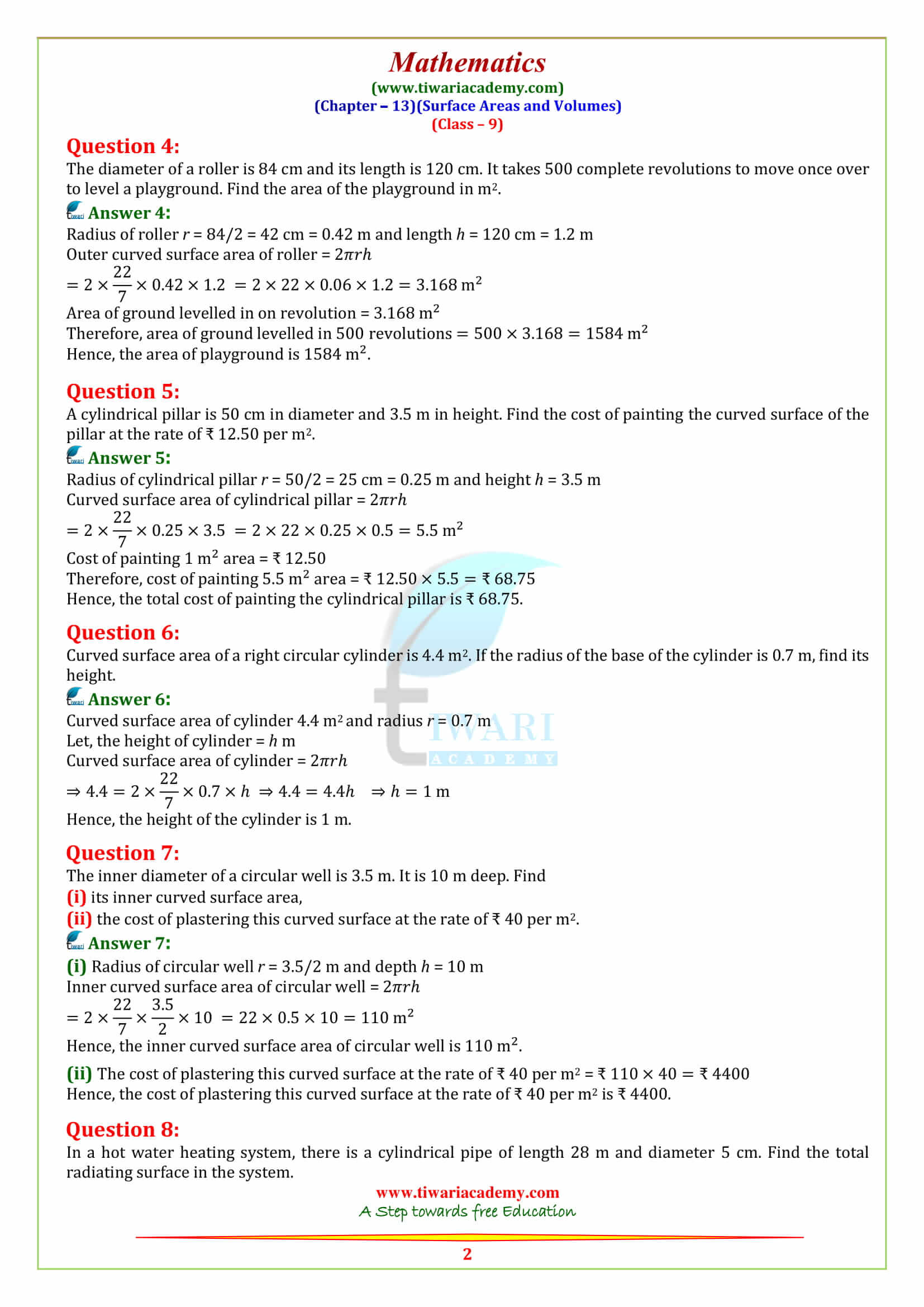 9 Maths Chapter 13 Surface Areas and Volumes Exercise 13.2 in pdf form free download guide