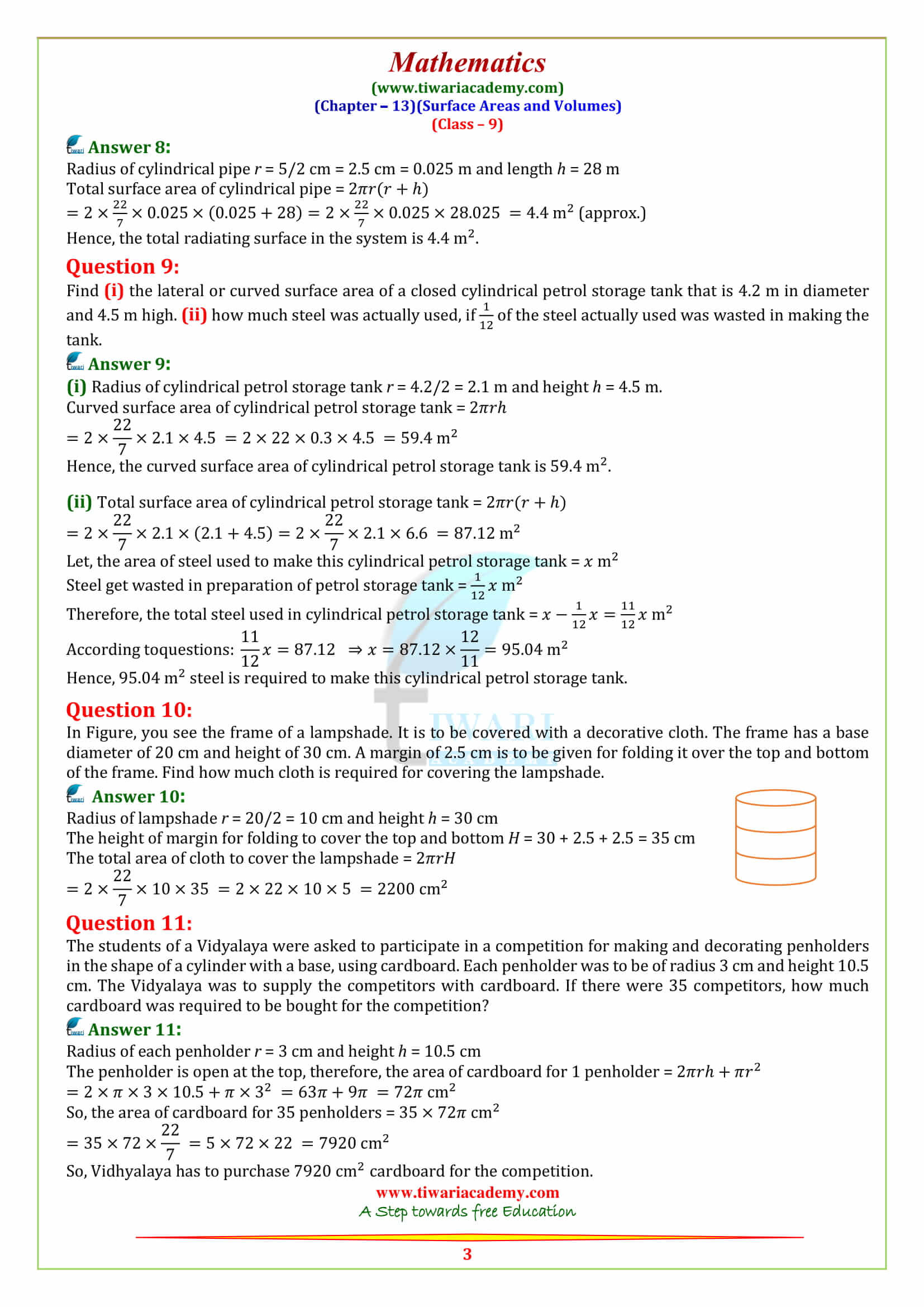 9 Maths Chapter 13 Surface Areas and Volumes Exercise 13.2 all question answers