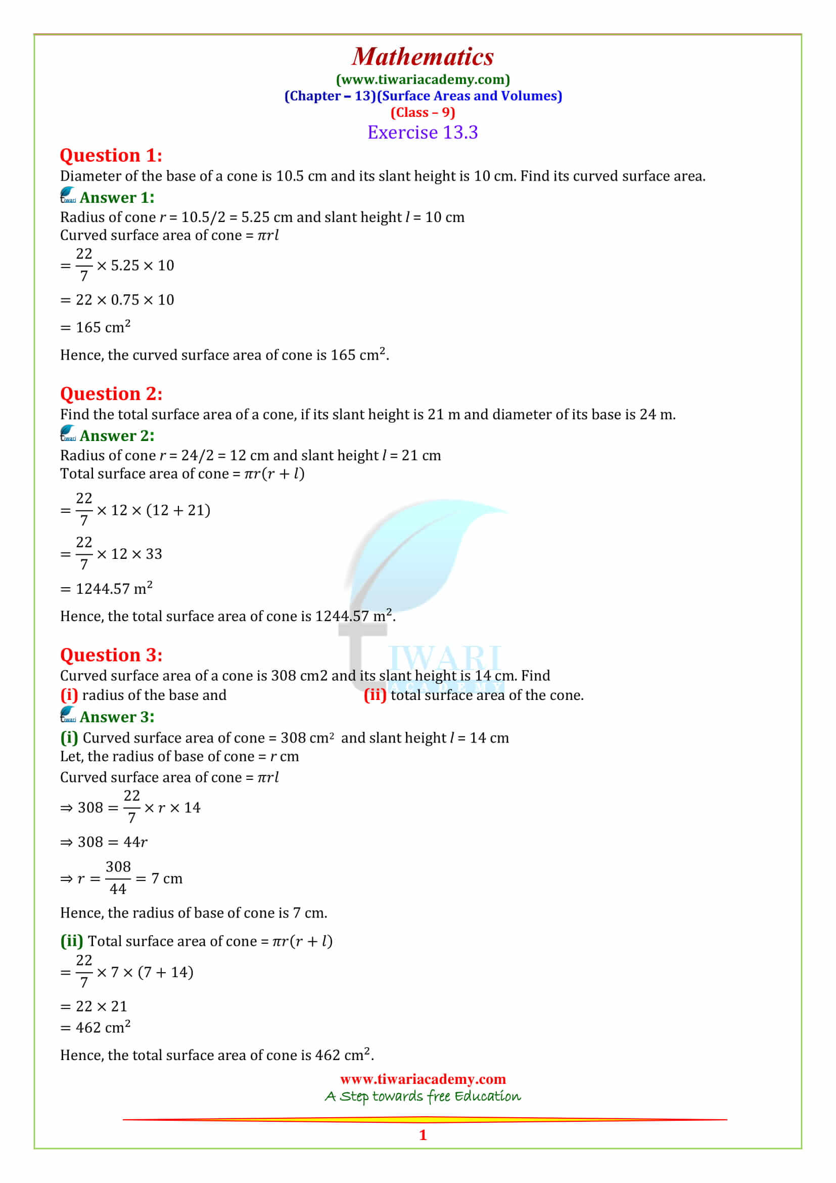 9 Maths Chapter 13 Surface Areas and Volumes Exercise 13.3