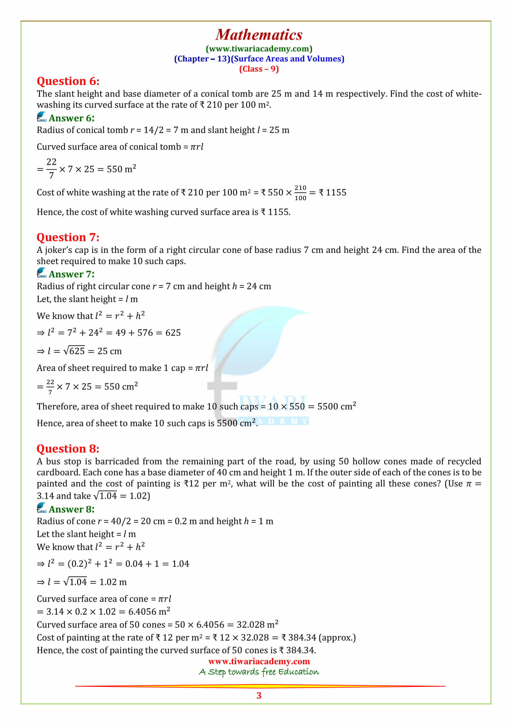 9 Maths Chapter 13 Surface Areas and Volumes Exercise 13.3 all answers guide free