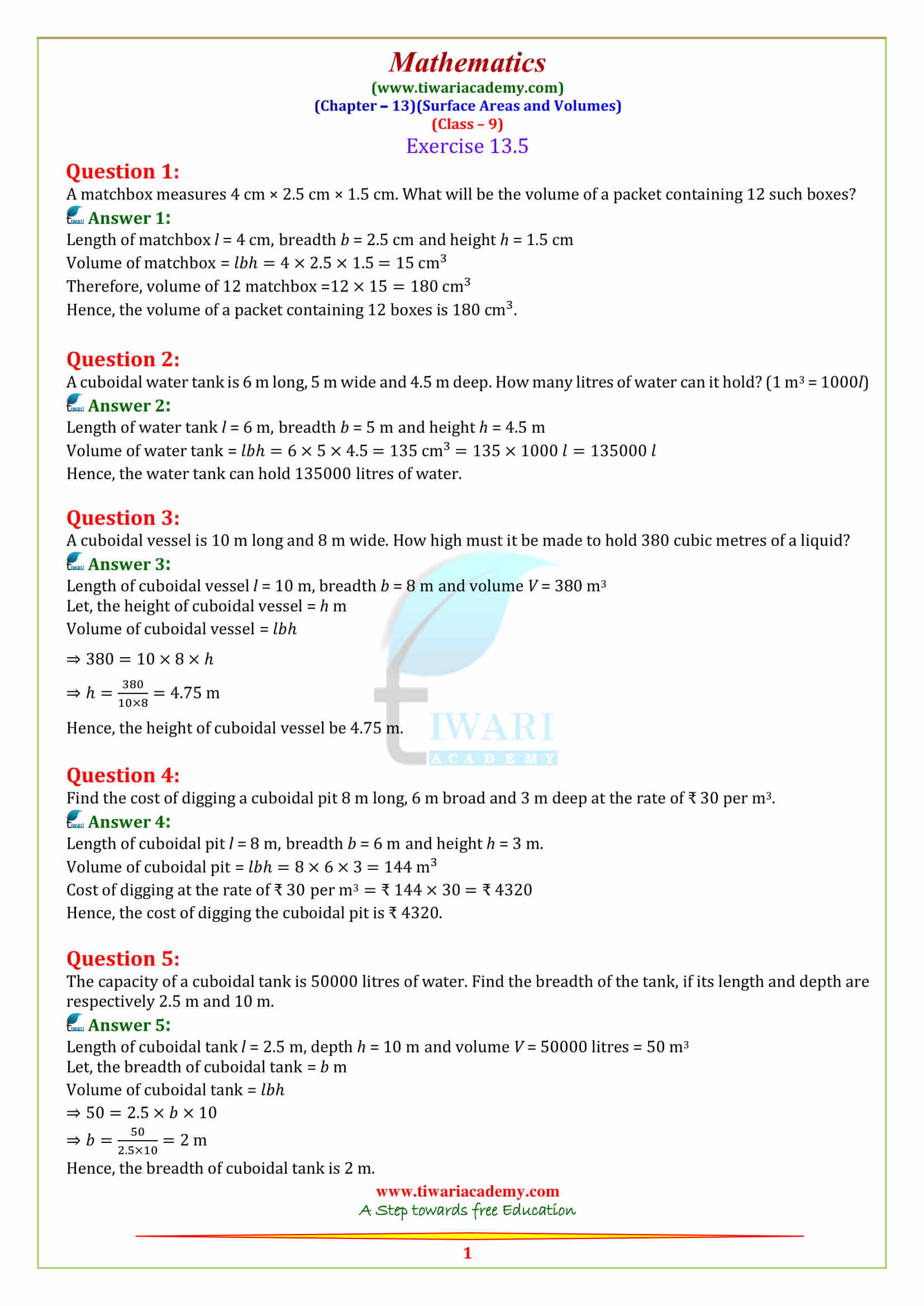 9 Maths Chapter 13 Surface Areas and Volumes Exercise 13.5 solutions in pdf