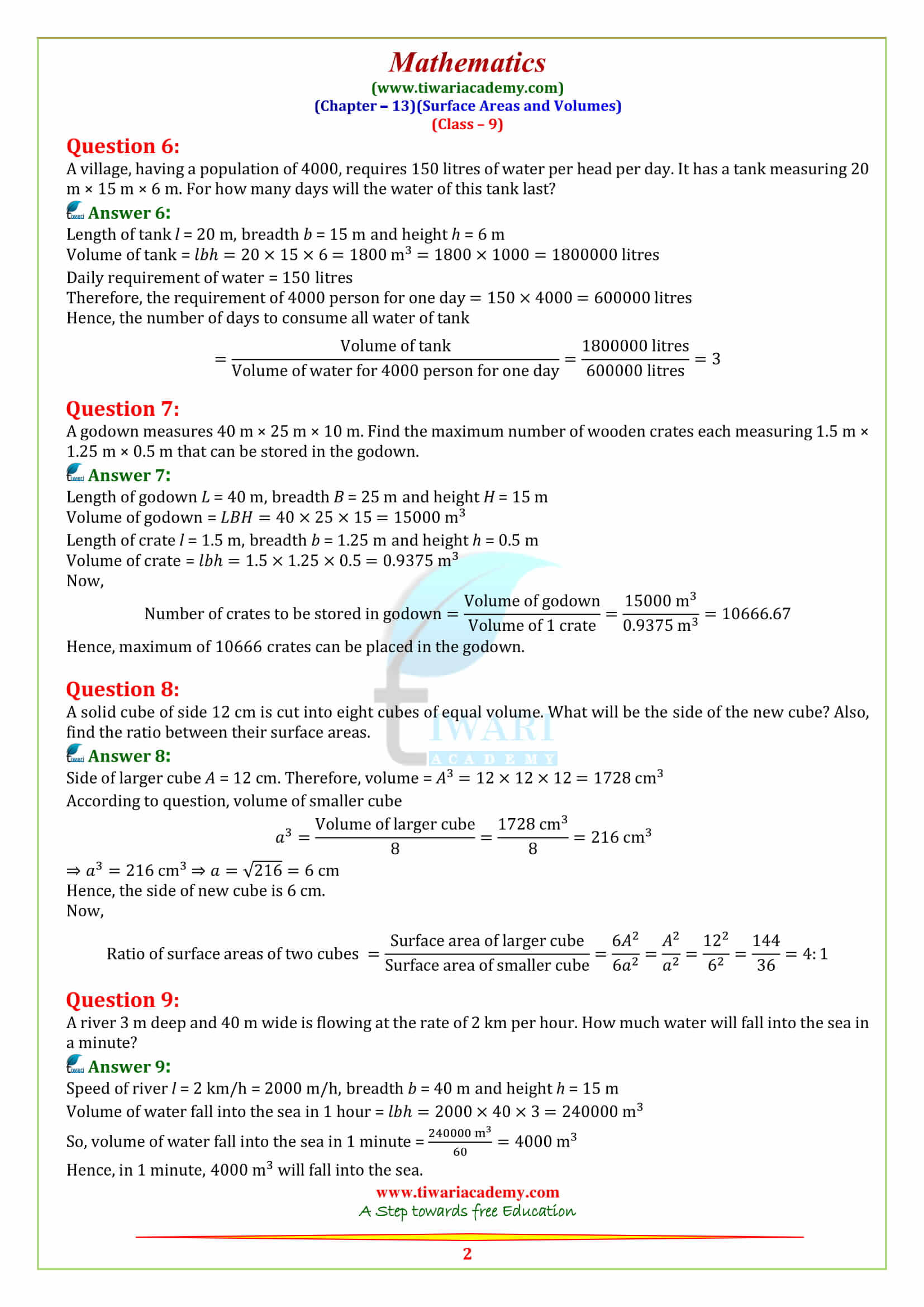 9 Maths Chapter 13 Surface Areas and Volumes Exercise 13.5 guide for up, mp, cbse board high school