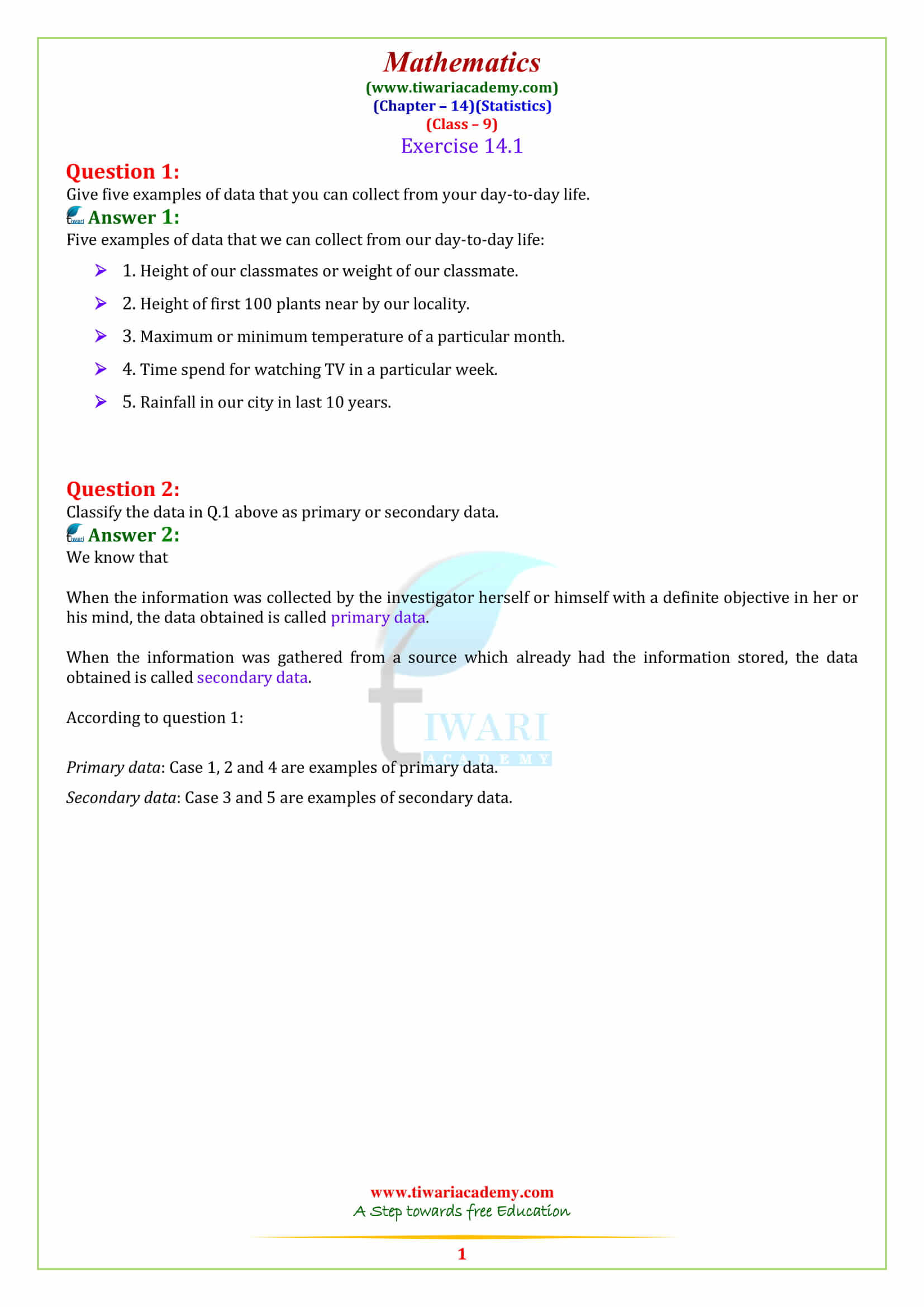 NCERT Solutions for Class 9 Maths Chapter 14 Statistics Exercise 14.1