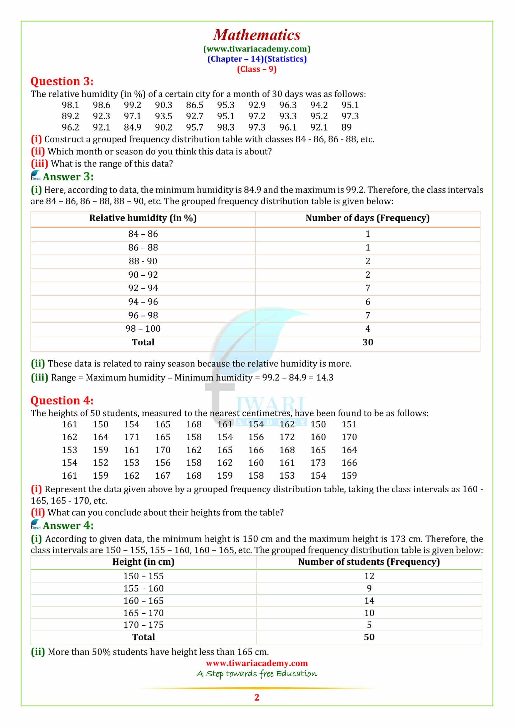 NCERT Solutions for Class 9 Maths Chapter 14 Statistics Exercise 14.2 in pdf form