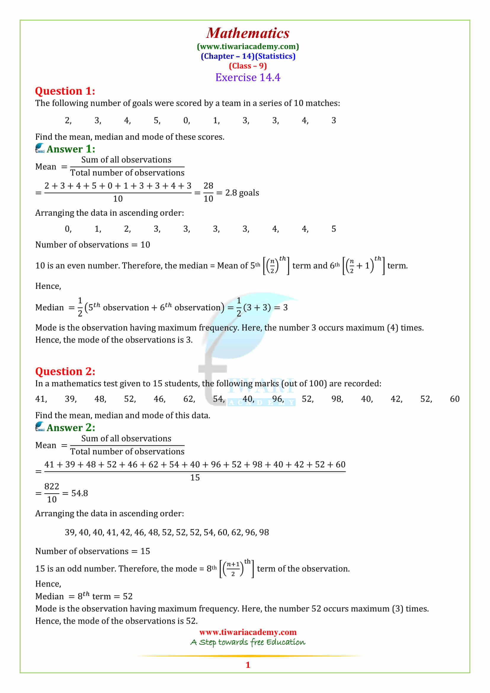 Class 9 Maths Chapter 14 Exercise 14.4