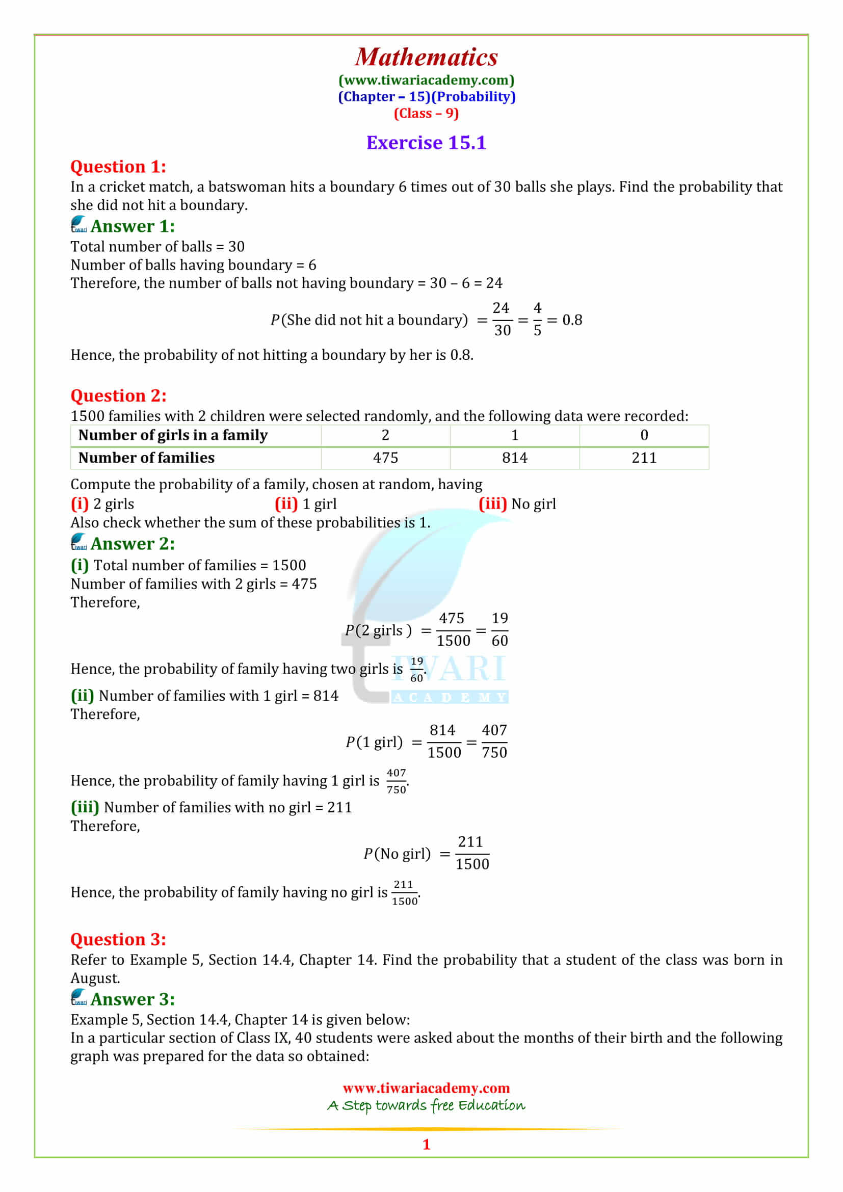 NCERT Solutions for Class 9 Maths Chapter 15 Probability Exercise 15.1 in English Medium