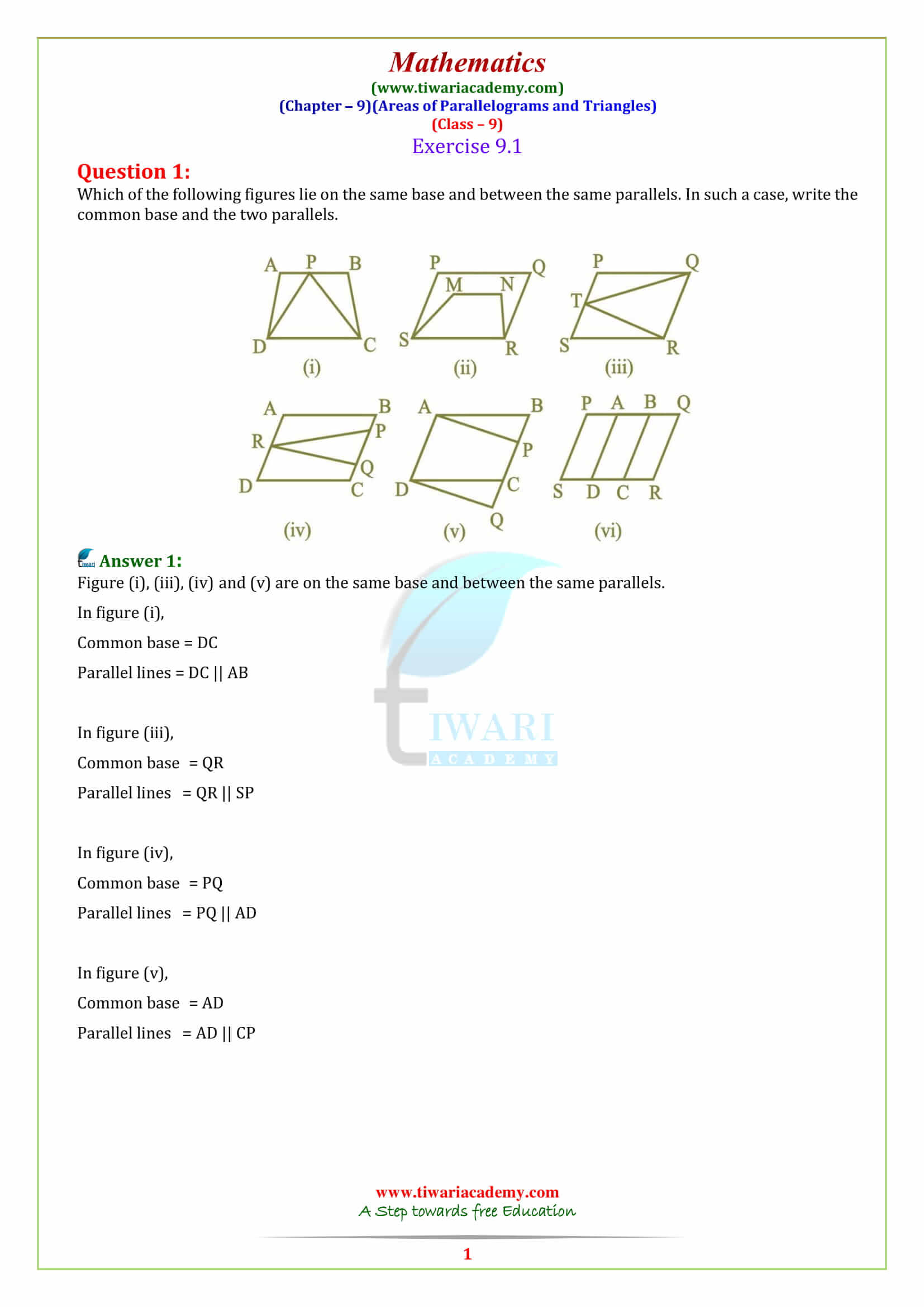 NCERT Solutions for Class 9 Maths Chapter 9 Areas of Parallelograms and Triangles Exercise 9.1