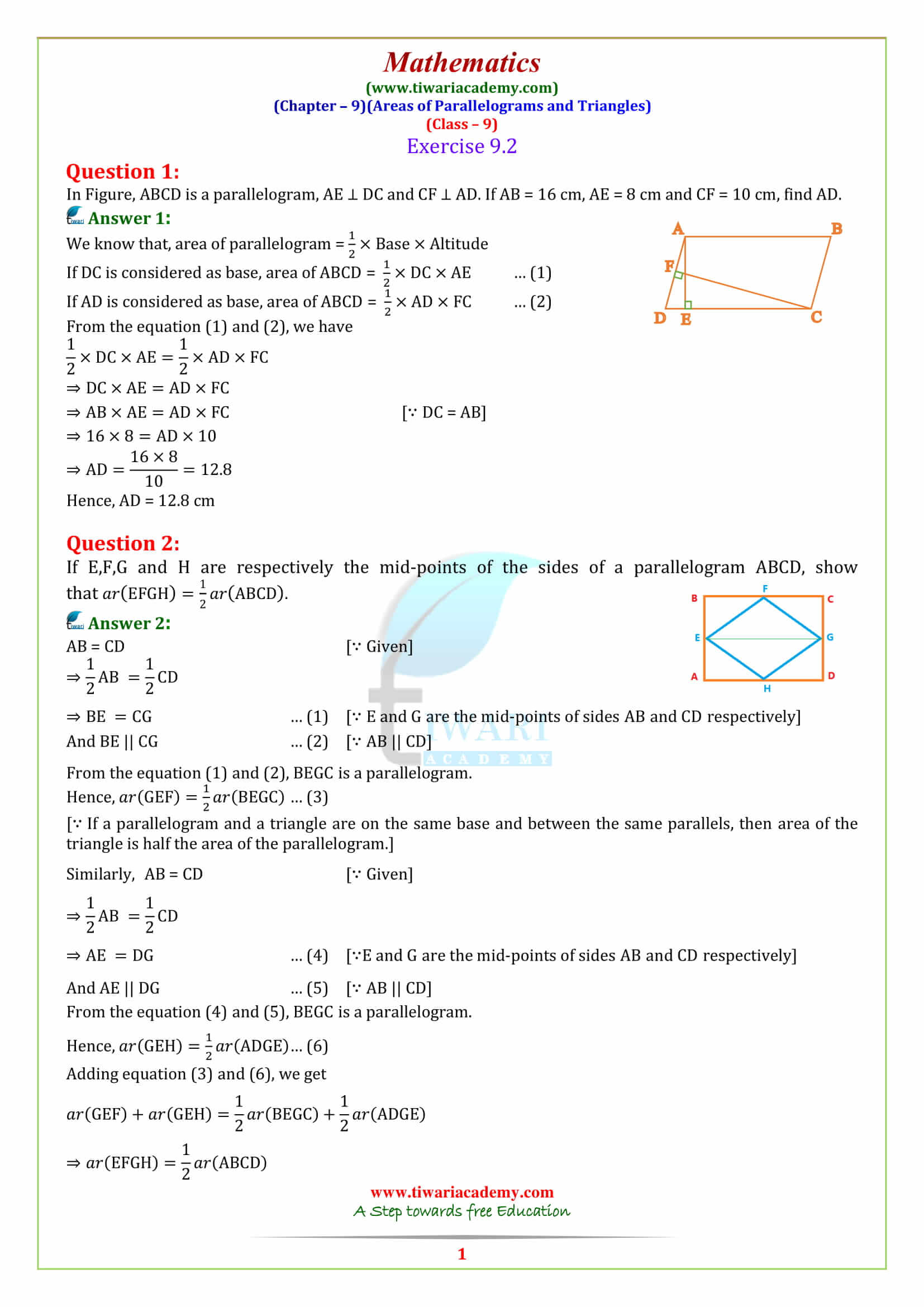 NCERT Solutions for Class 9 Maths Chapter 9 Areas of Parallelograms and Triangles Exercise 9.2