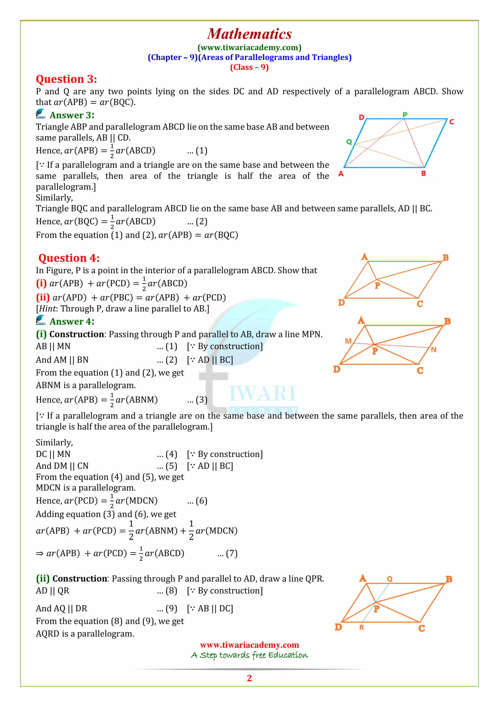 NCERT Solutions for Class 9 Maths Chapter 9 Areas of Parallelograms and Triangles Exercise 9.2 in pdf form free