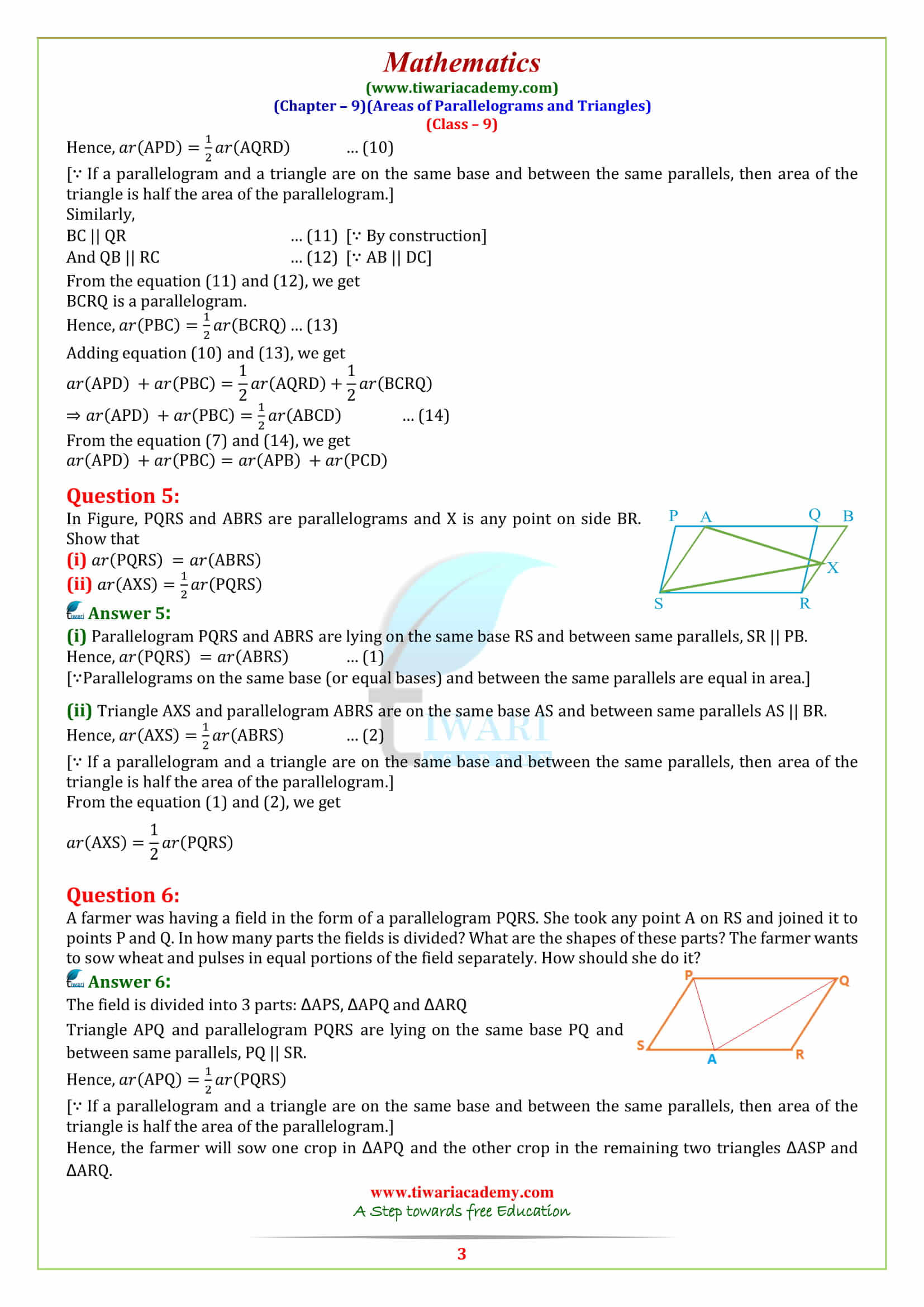 NCERT Solutions for Class 9 Maths Chapter 9 Areas of Parallelograms and Triangles Exercise 9.2 in english medium