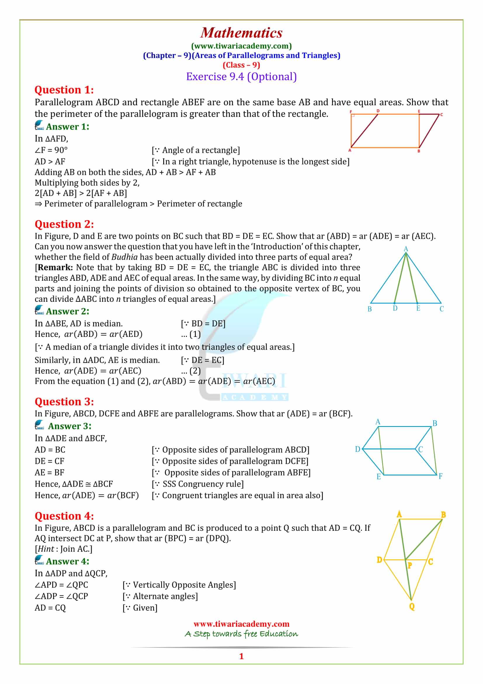 Class 9 Maths Chapter 9 Areas of Parallelograms & Triangles Exercise 9.4