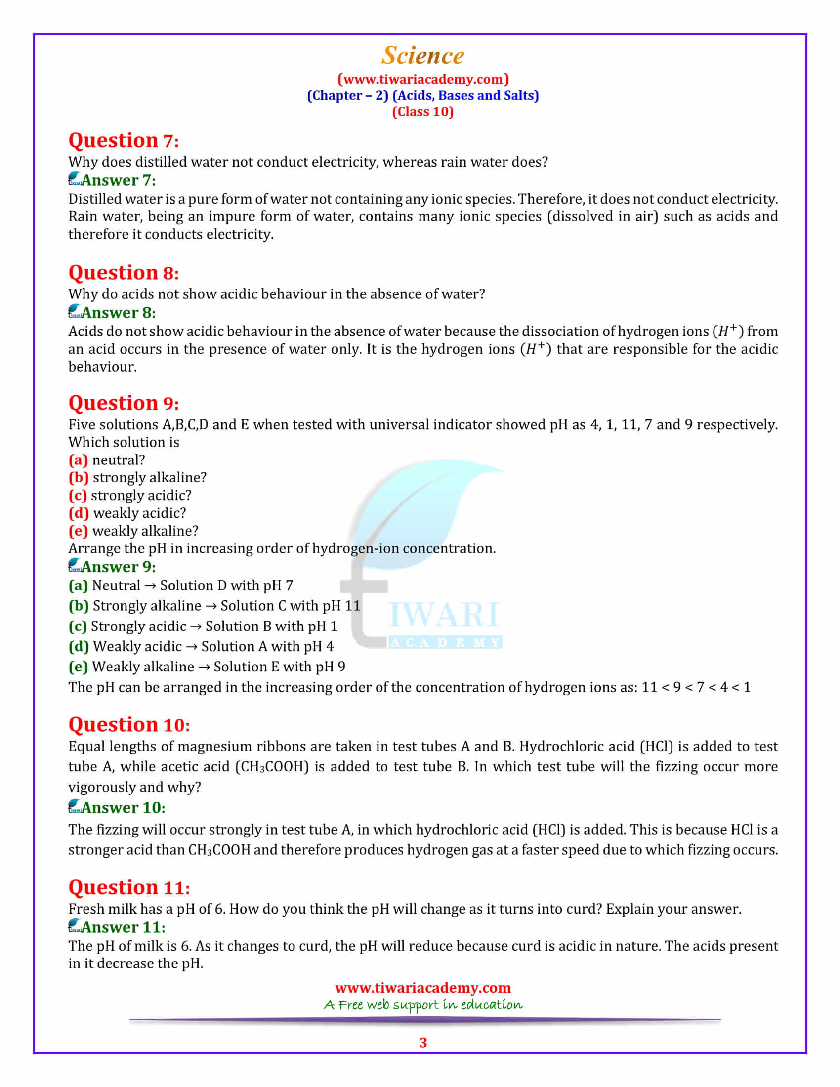 10 Science Chapter 2 Acids, Bases and Salts Exercises answers in english medium