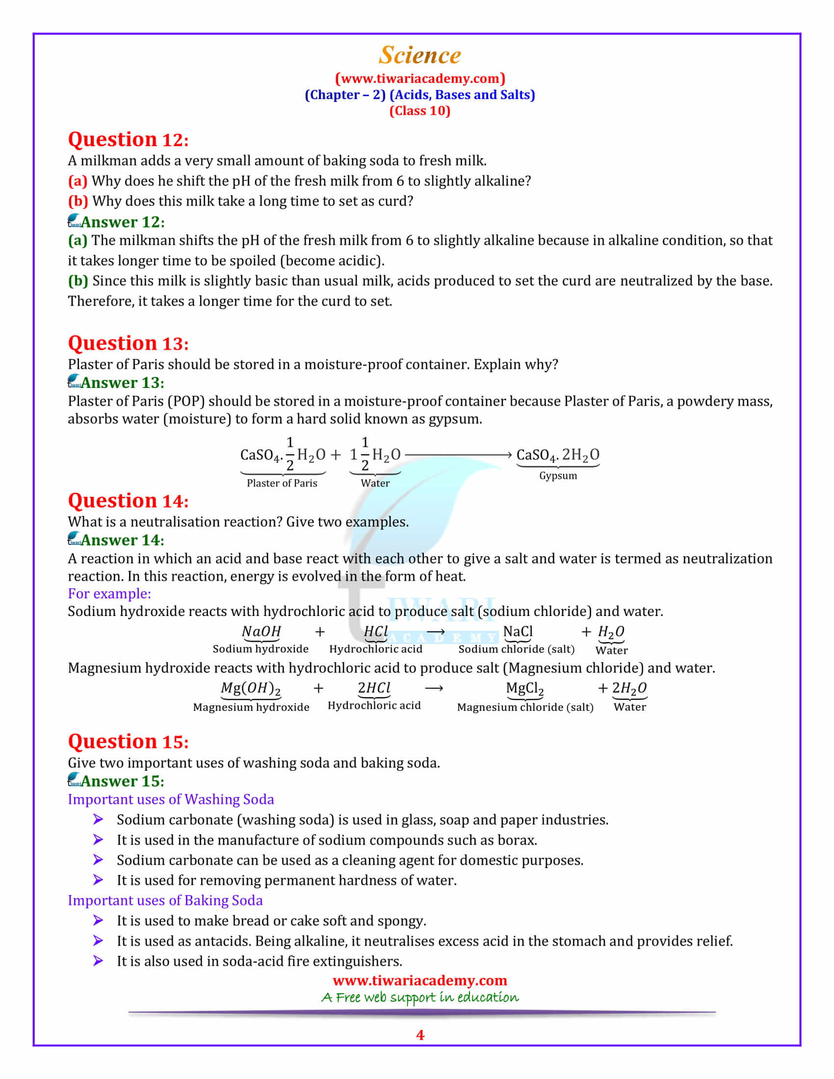 10 Science Chapter 2 Acids, Bases and Salts Exercises answers for all board updated