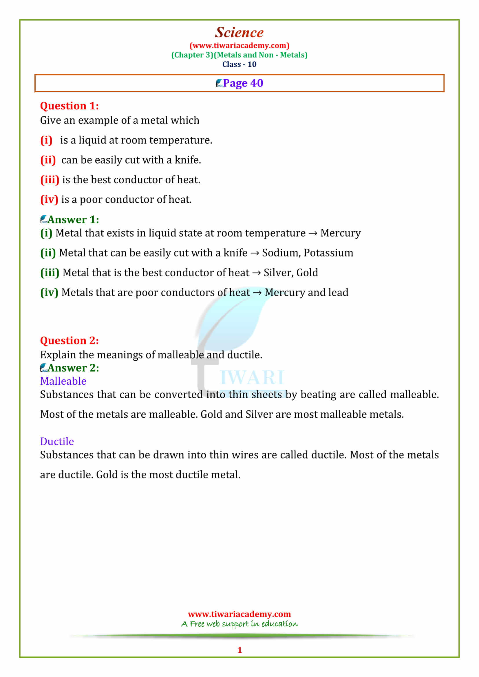 NCERT Solutions for Class 10 Science Chapter 3 Metals and Non-Metals page 40