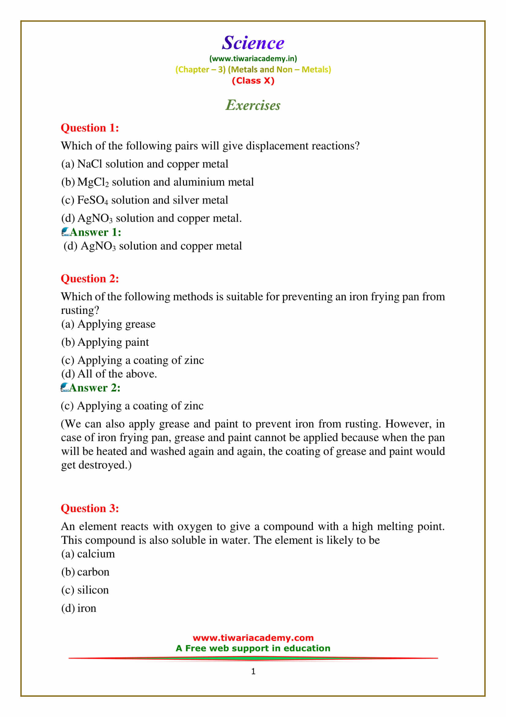 Class 10 Science Chapter 3 Exercises answers