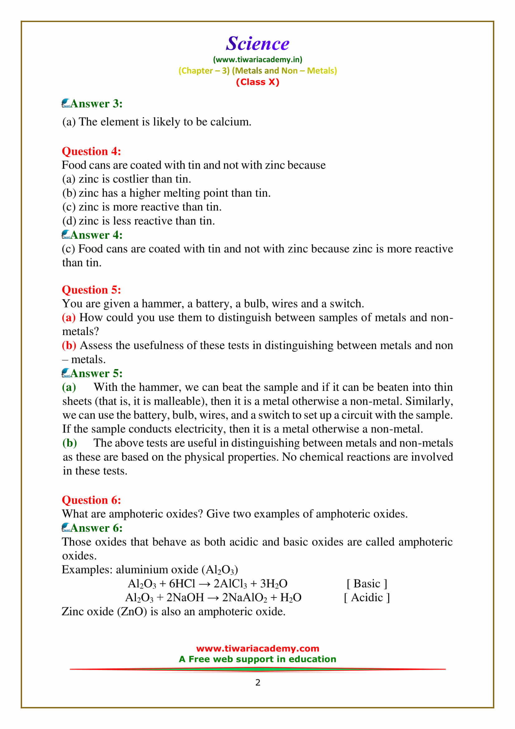 Class 10 Science Chapter 3 Exercises answers in english medium