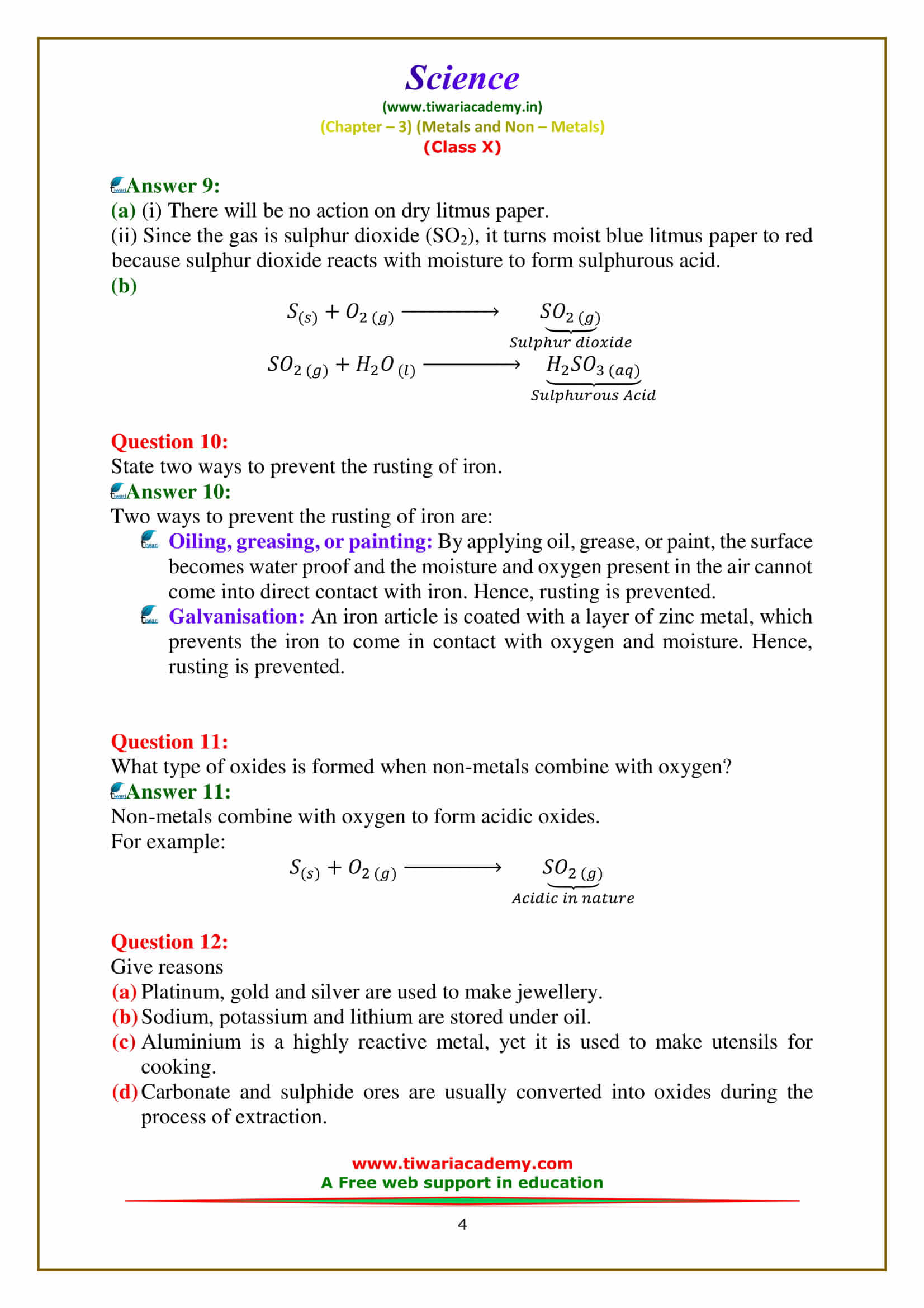 Class 10 Science Chapter 3 Exercises answers all questions