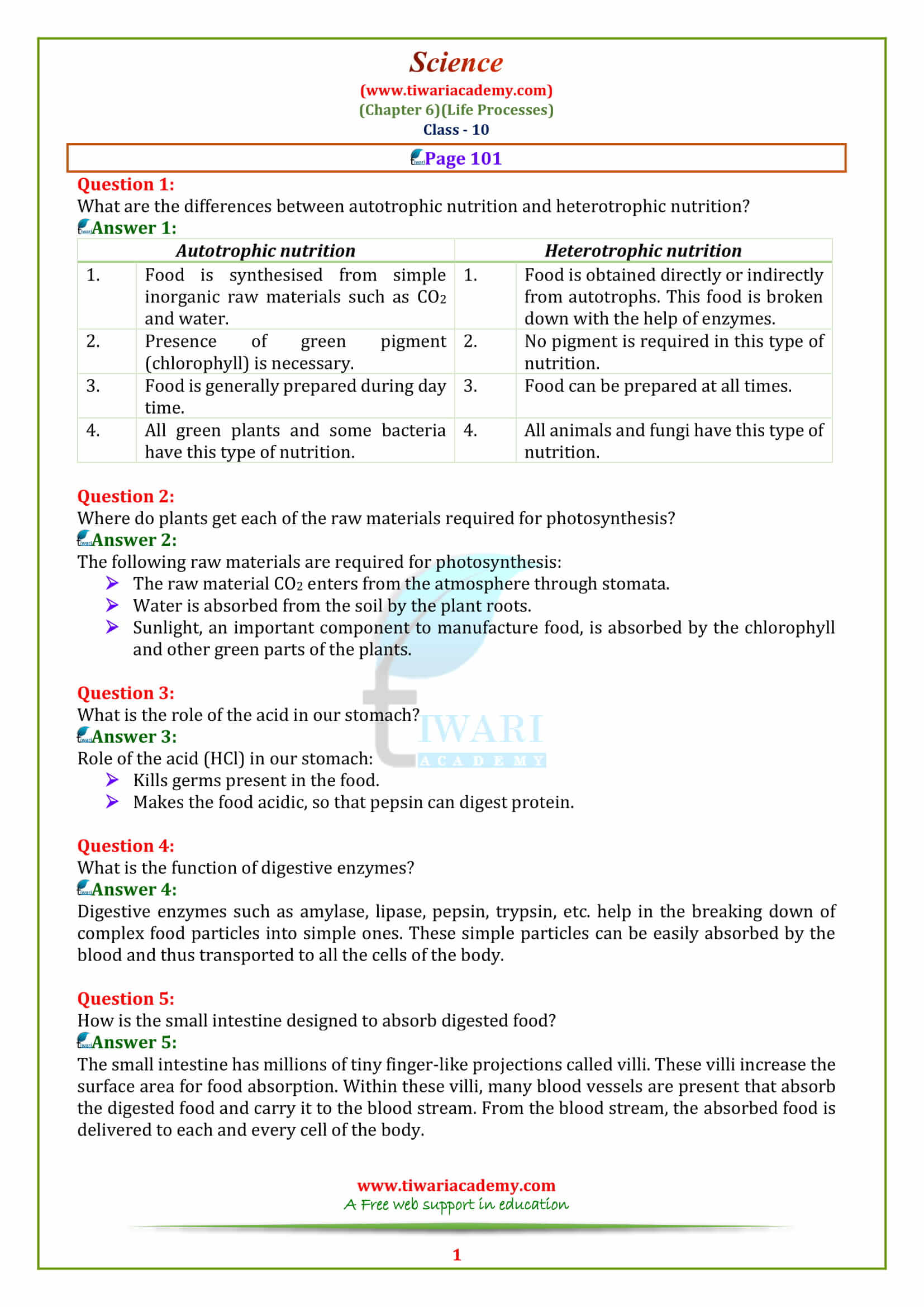 Class 10 Science Chapter 6 Life Processes Page 101 answers
