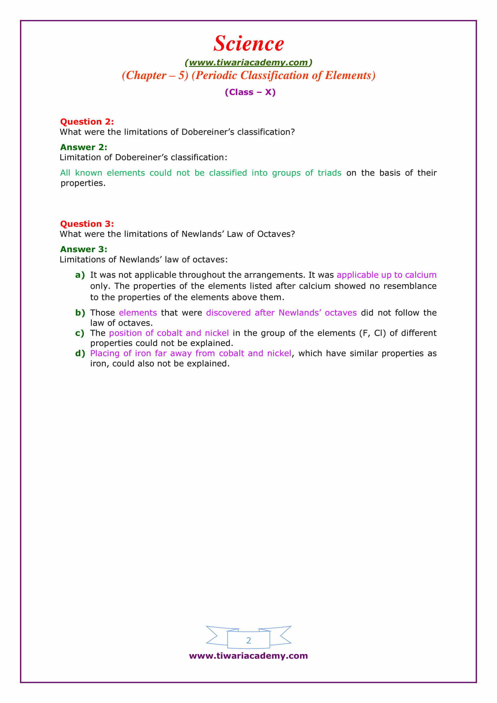 10 Science Chapter 5 Periodic Classification of elements page 81 answers in pdf