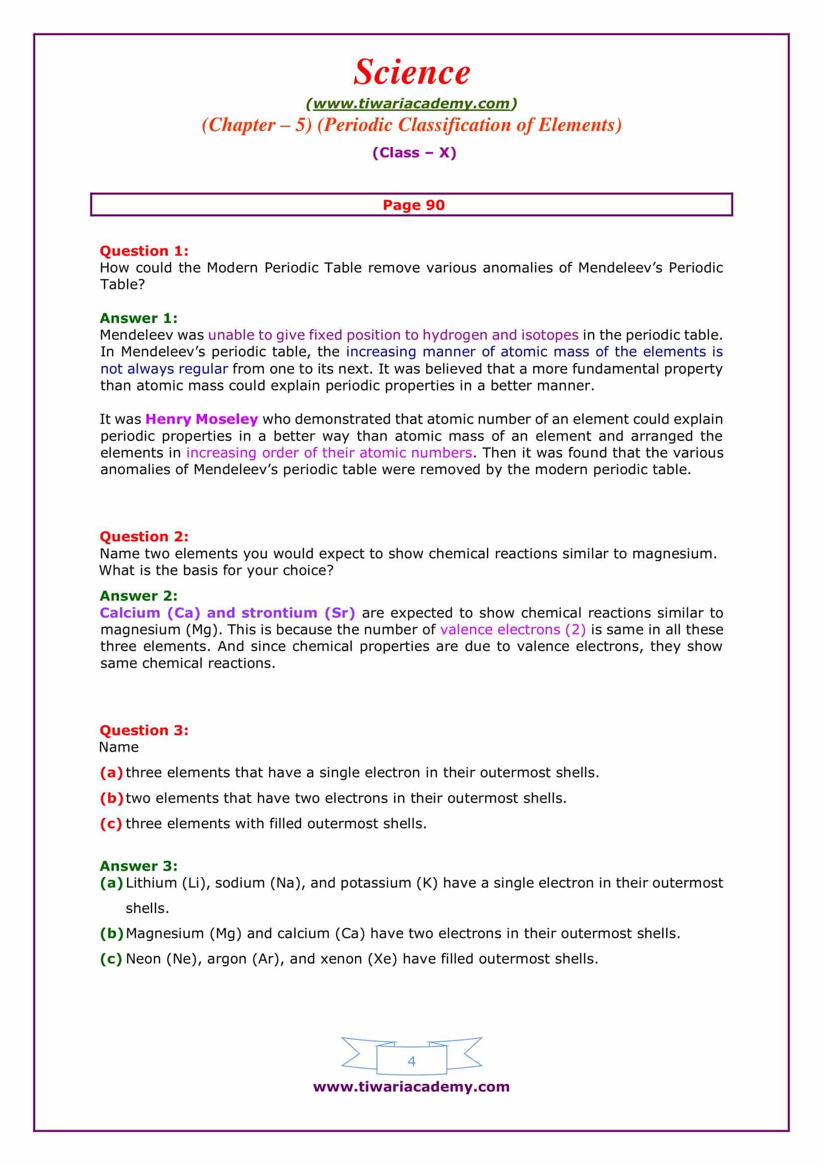 Class 10 Science Chapter 5 Periodic Classification of elements page 90 answers