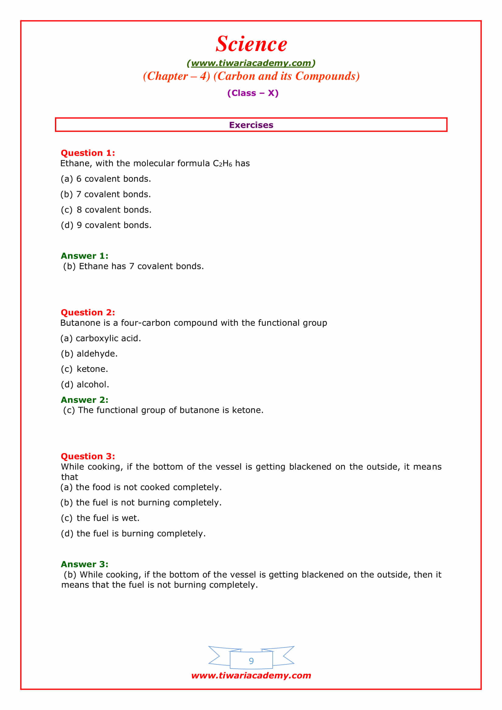 NCERT Solutions for Class 10 Science Chapter 4 Carbon and its compounds Exercises