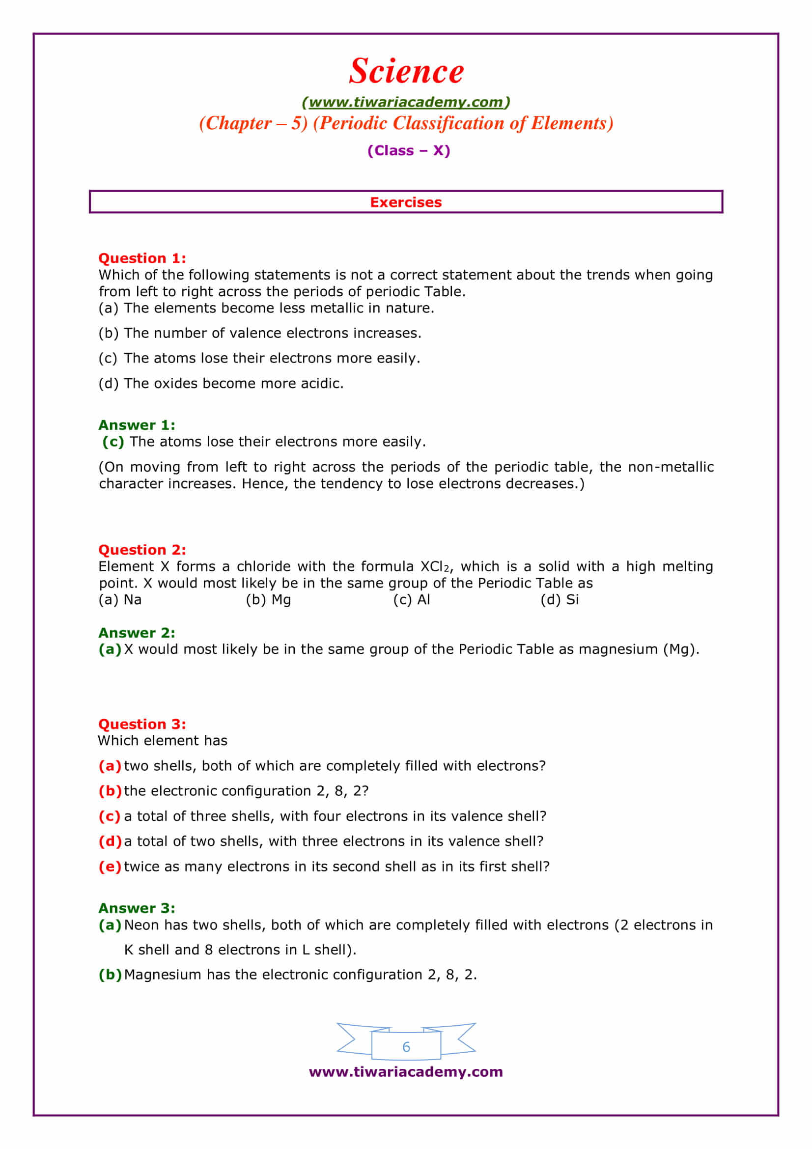 NCERT Solutions for Class 10 Science Chapter 5 Periodic Classification of elements Exercises