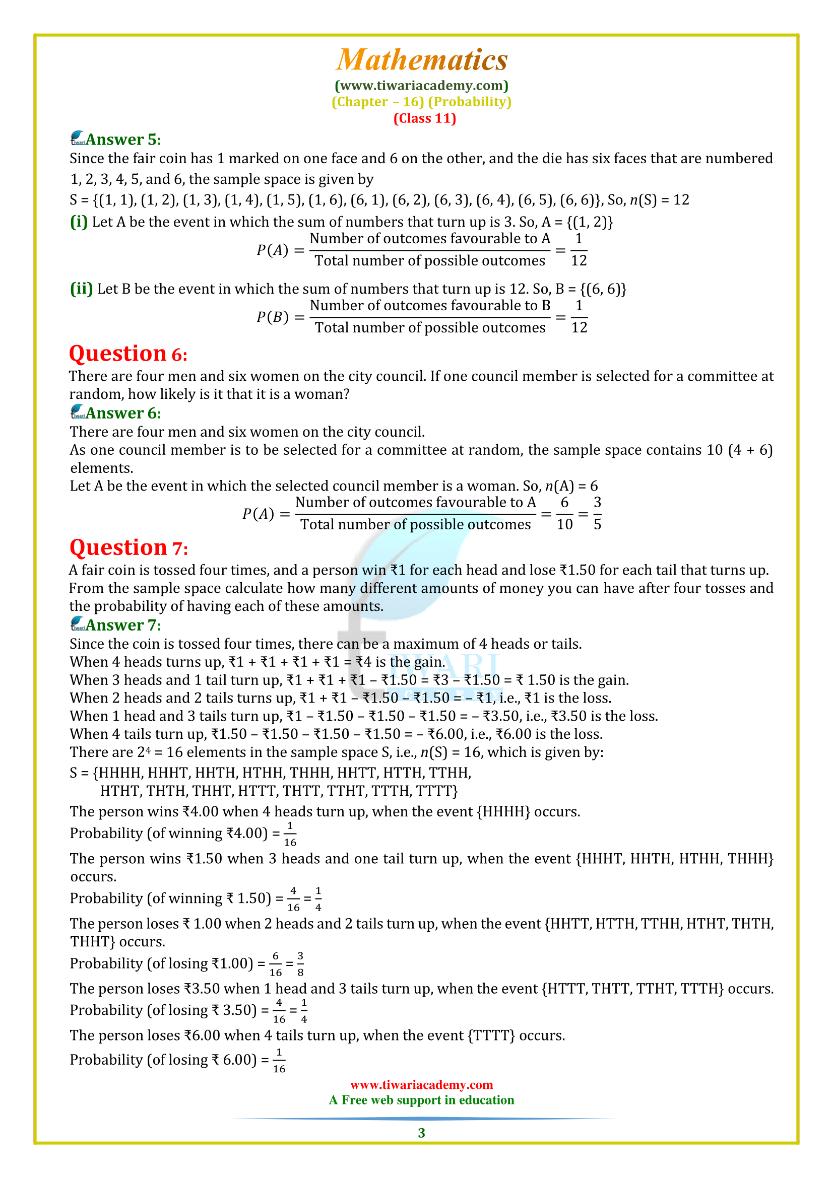 11 maths exercise 16.3 solutions for up board