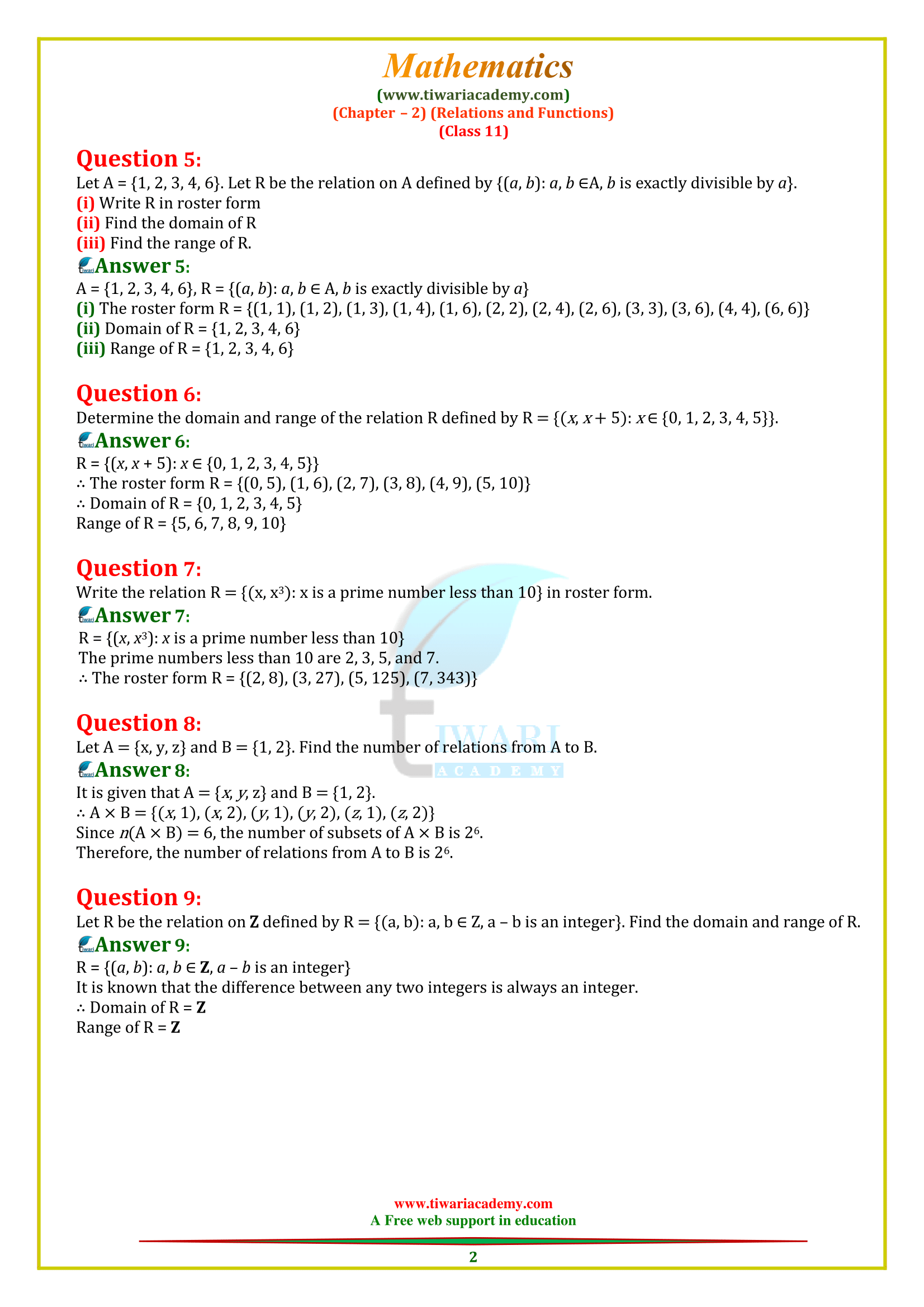 Ncert Solutions For Class 11 Maths Chapter 2 Relations Functions