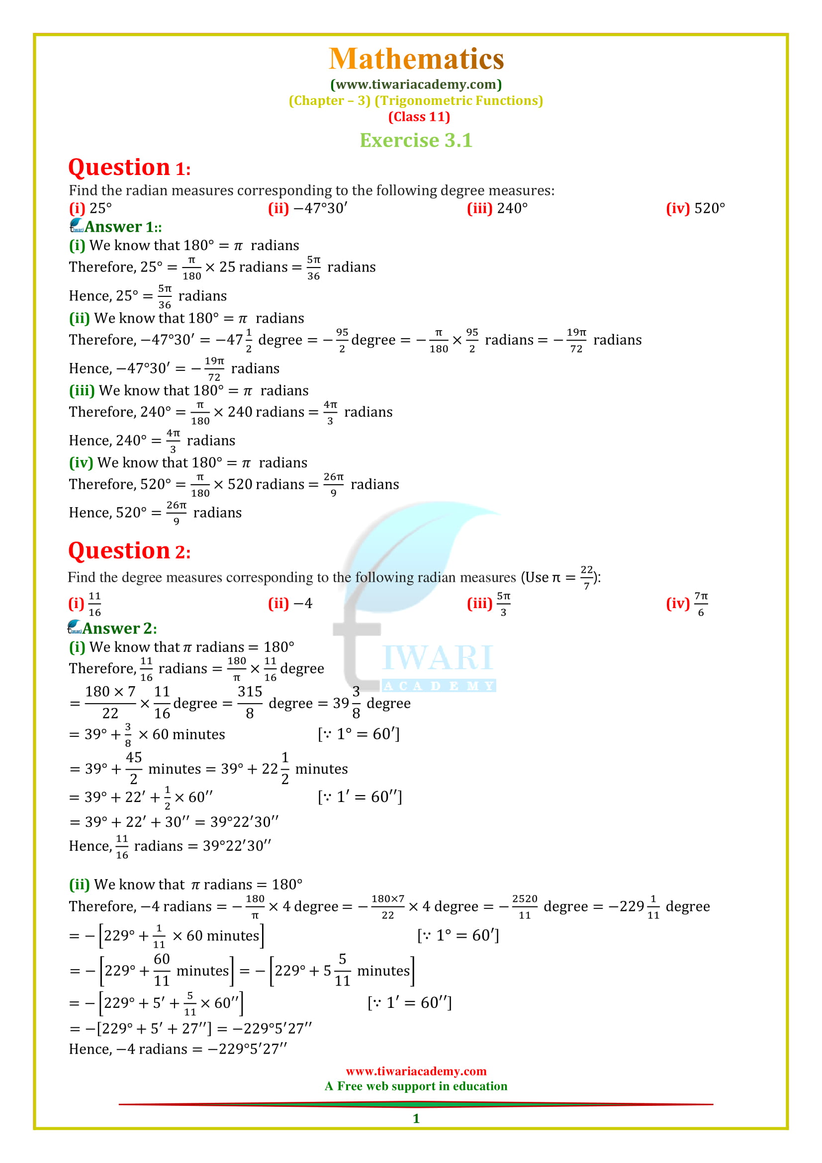 11 Maths Chapter 3 Exercise 3.1 Question 1, 2, 3