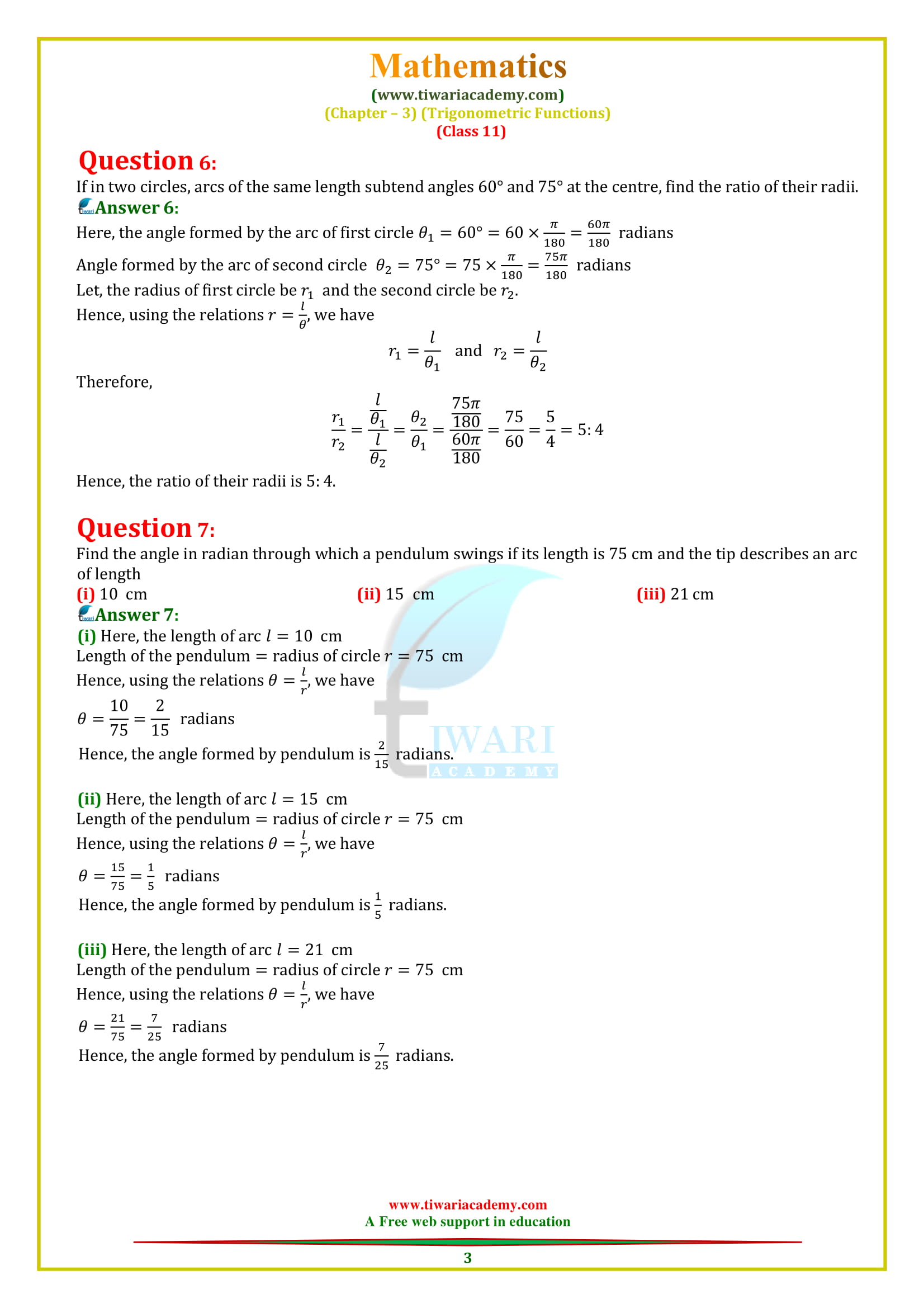 11 Maths Chapter 3 Exercise 3.1 Question 6, 7 in English medium