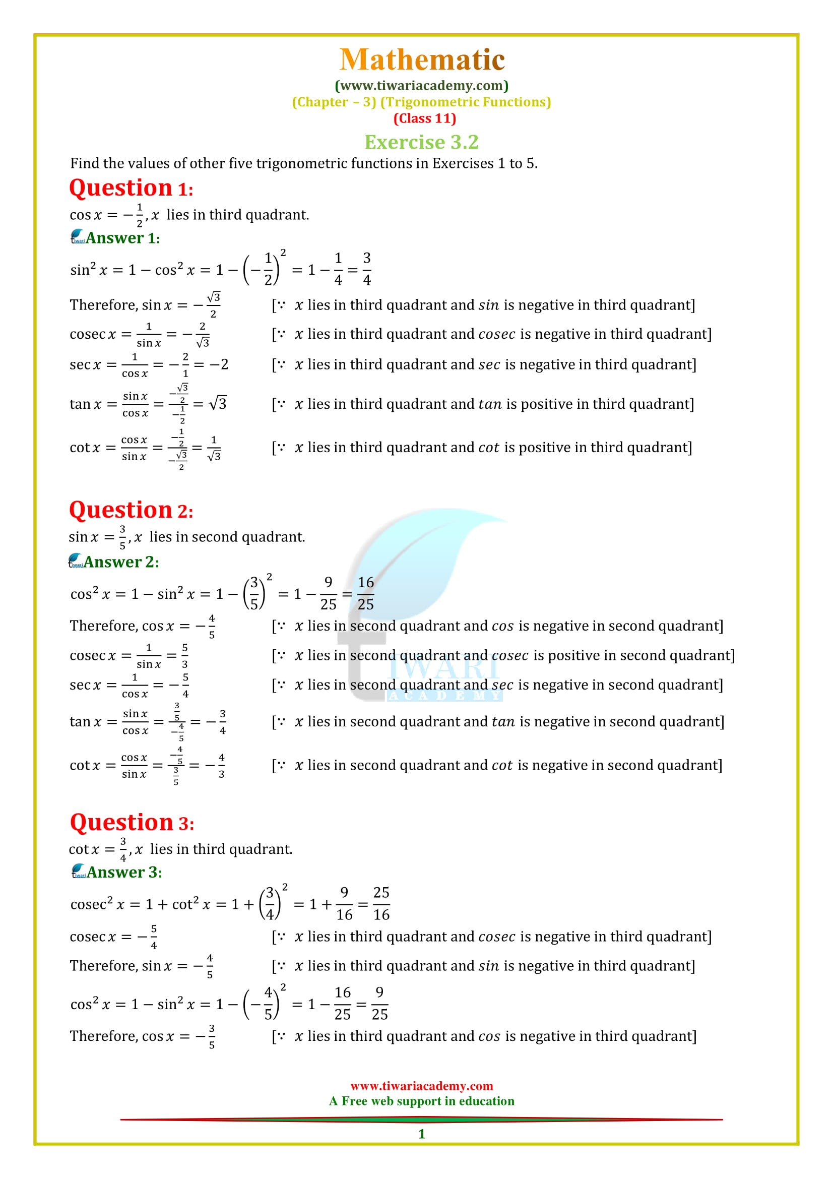 NCERT Solutions for Class 11 Maths Chapter 3 Exercise 3.2 in English medium