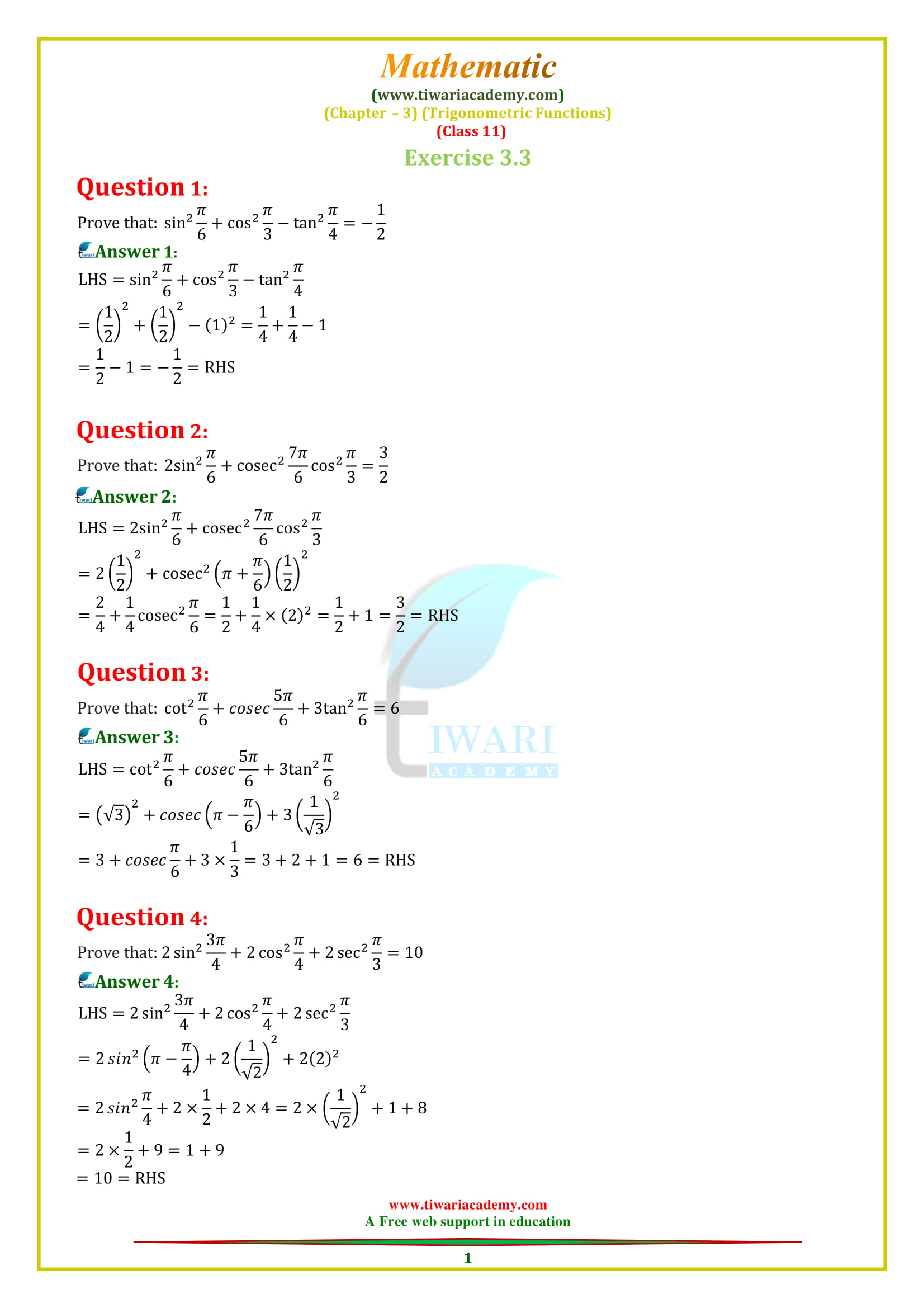 11 Maths Chapter 3 Exercise 3.3 solutions in English