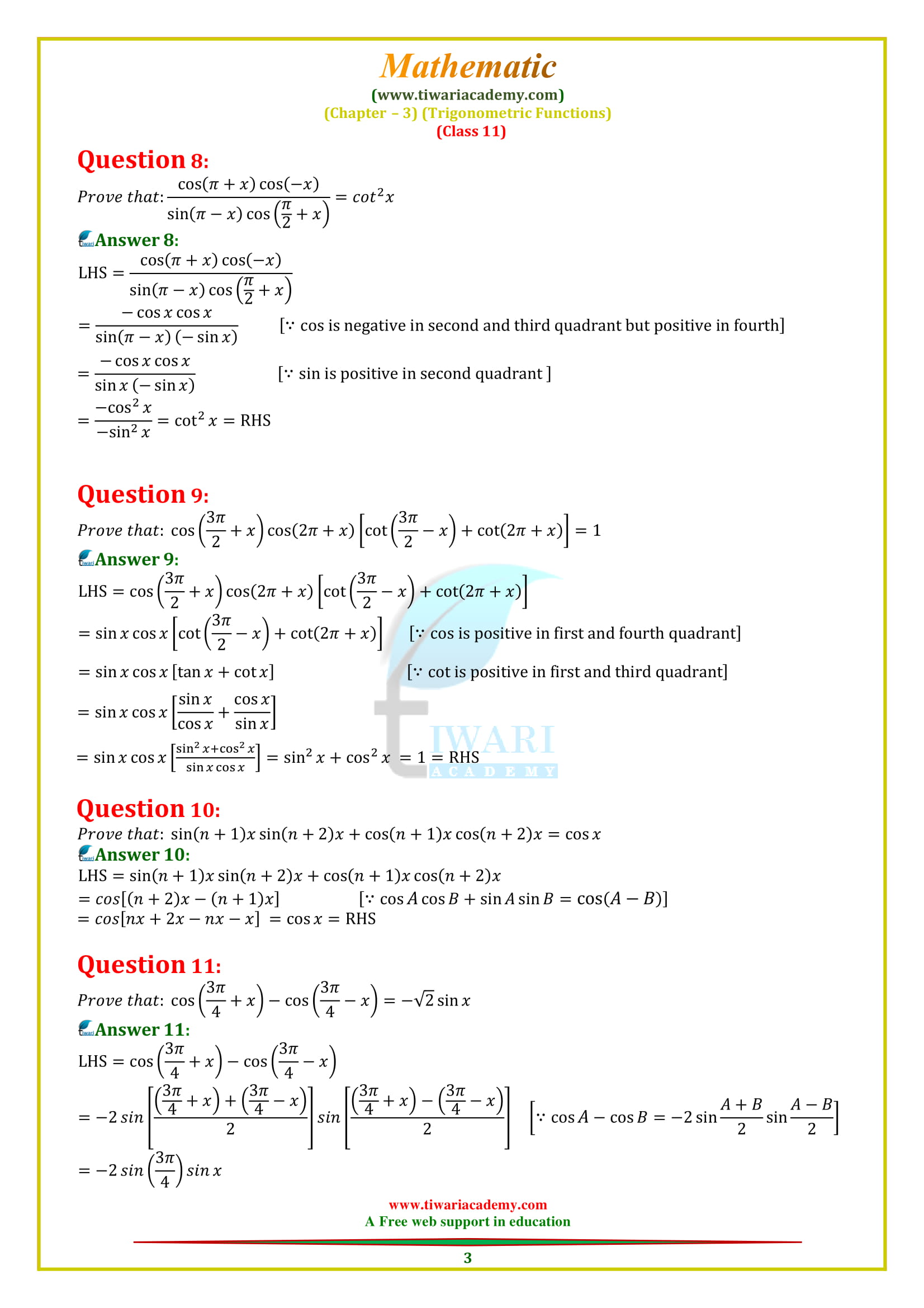 11 Maths Chapter 3 Exercise 3.3 solutions updated for up board