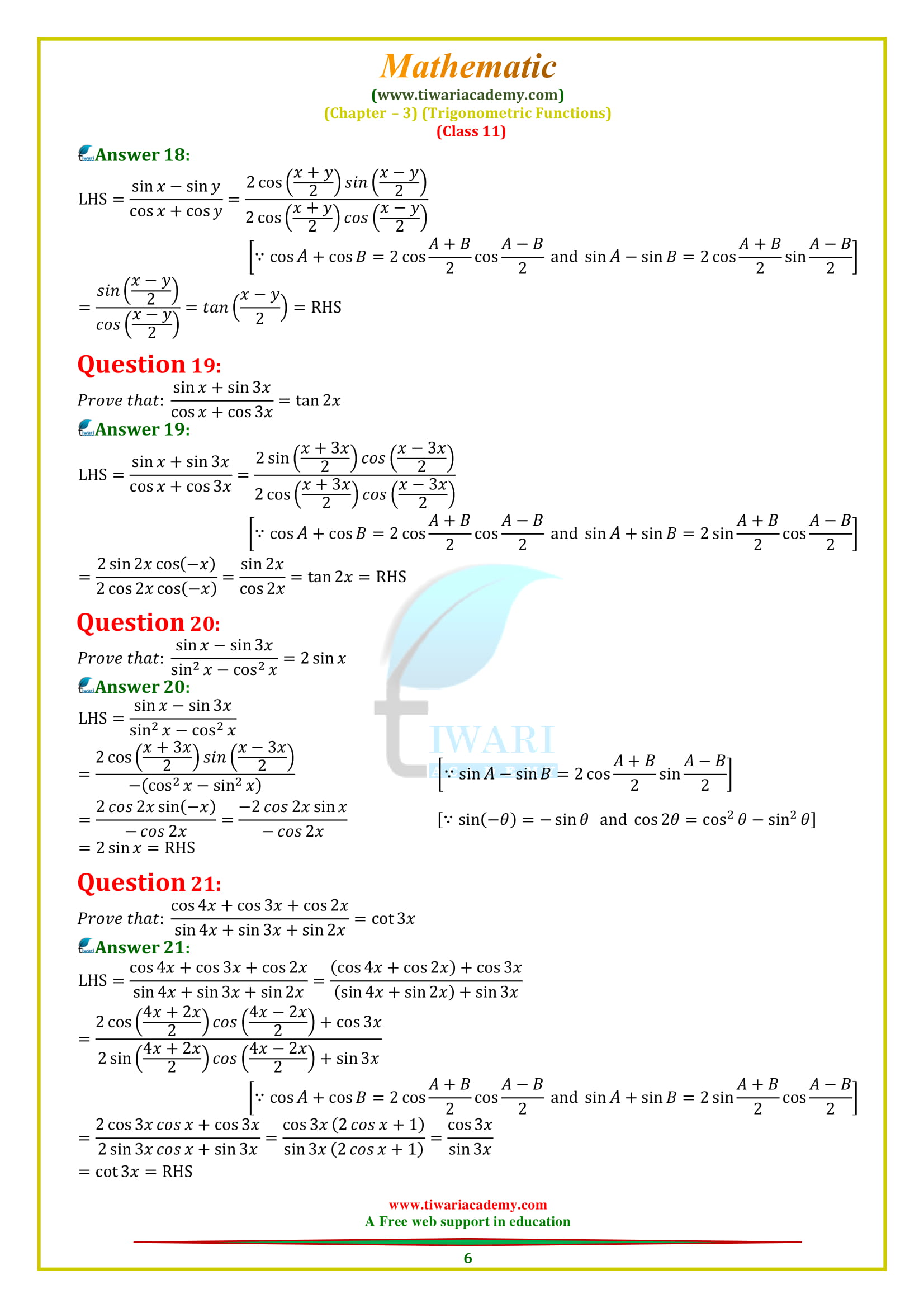 11 Maths Chapter 3 Exercise 3.3 solutions Questions 15, 16, 17, 18, 19, 20.