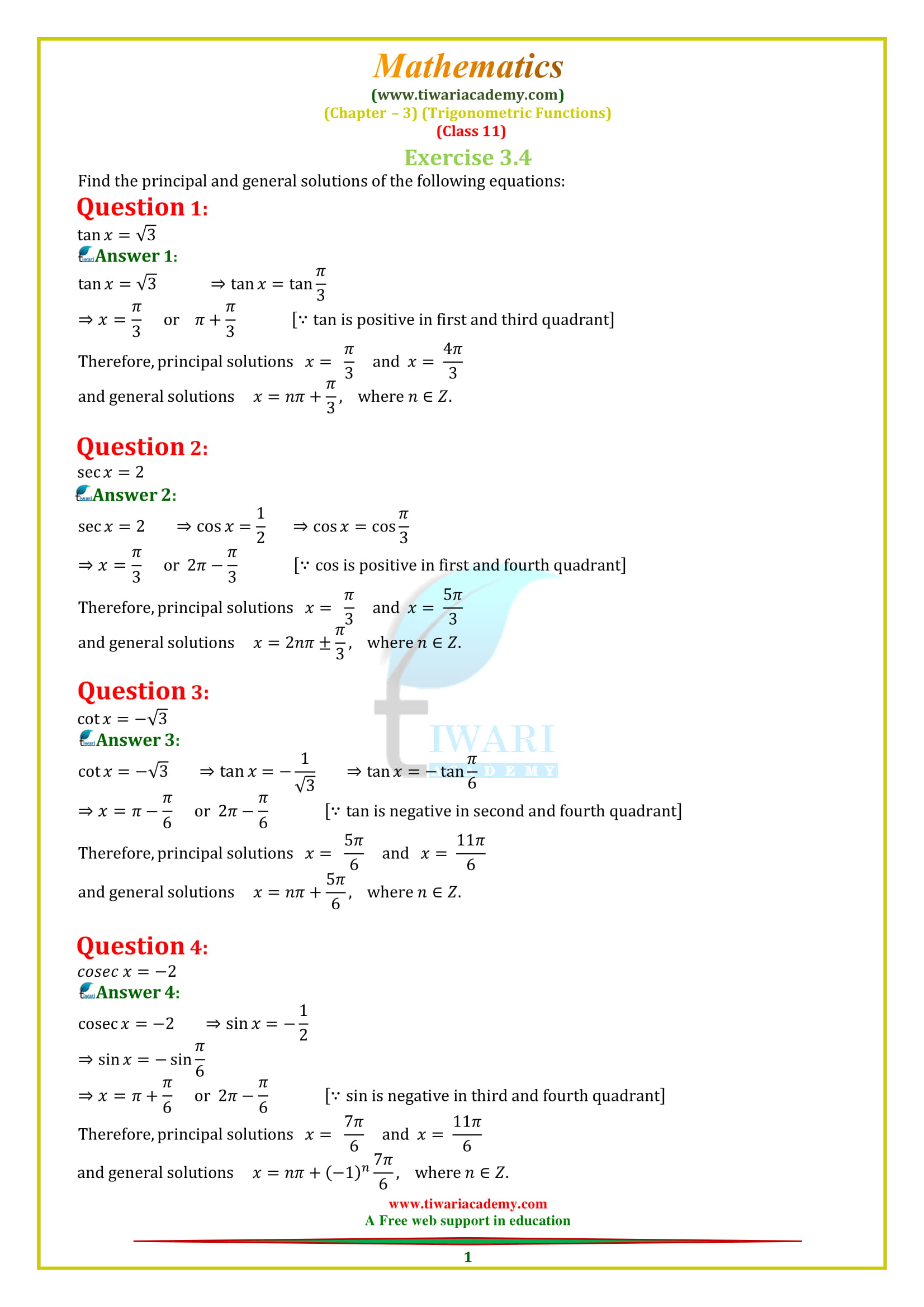 NCERT Solutions for Class 11 Maths Chapter 3 Exercise 3.4 in English