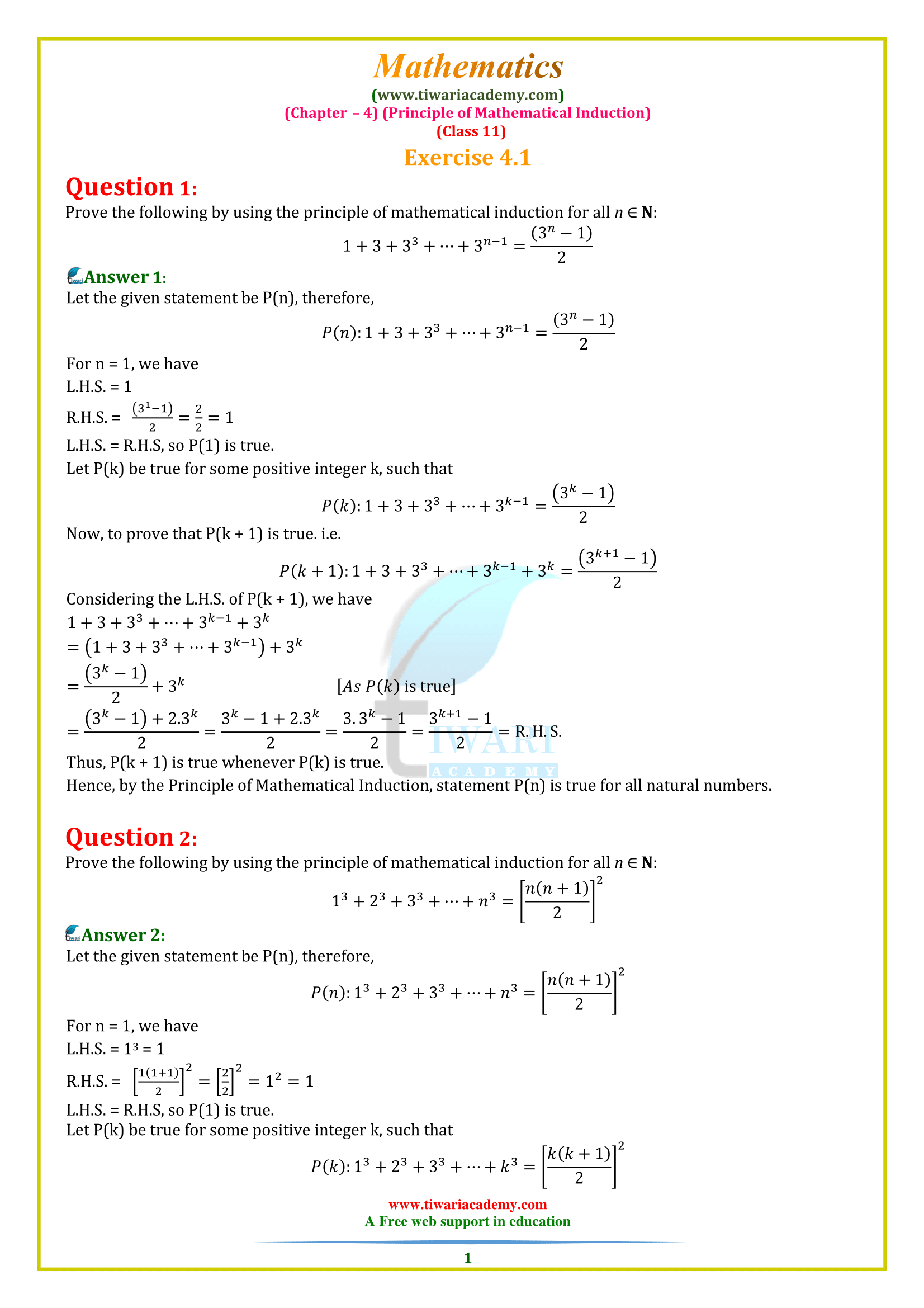 NCERT Solutions for Class 11 Maths Chapter 4 Principle of Mathematical Induction Exercise 4.1 in English medium