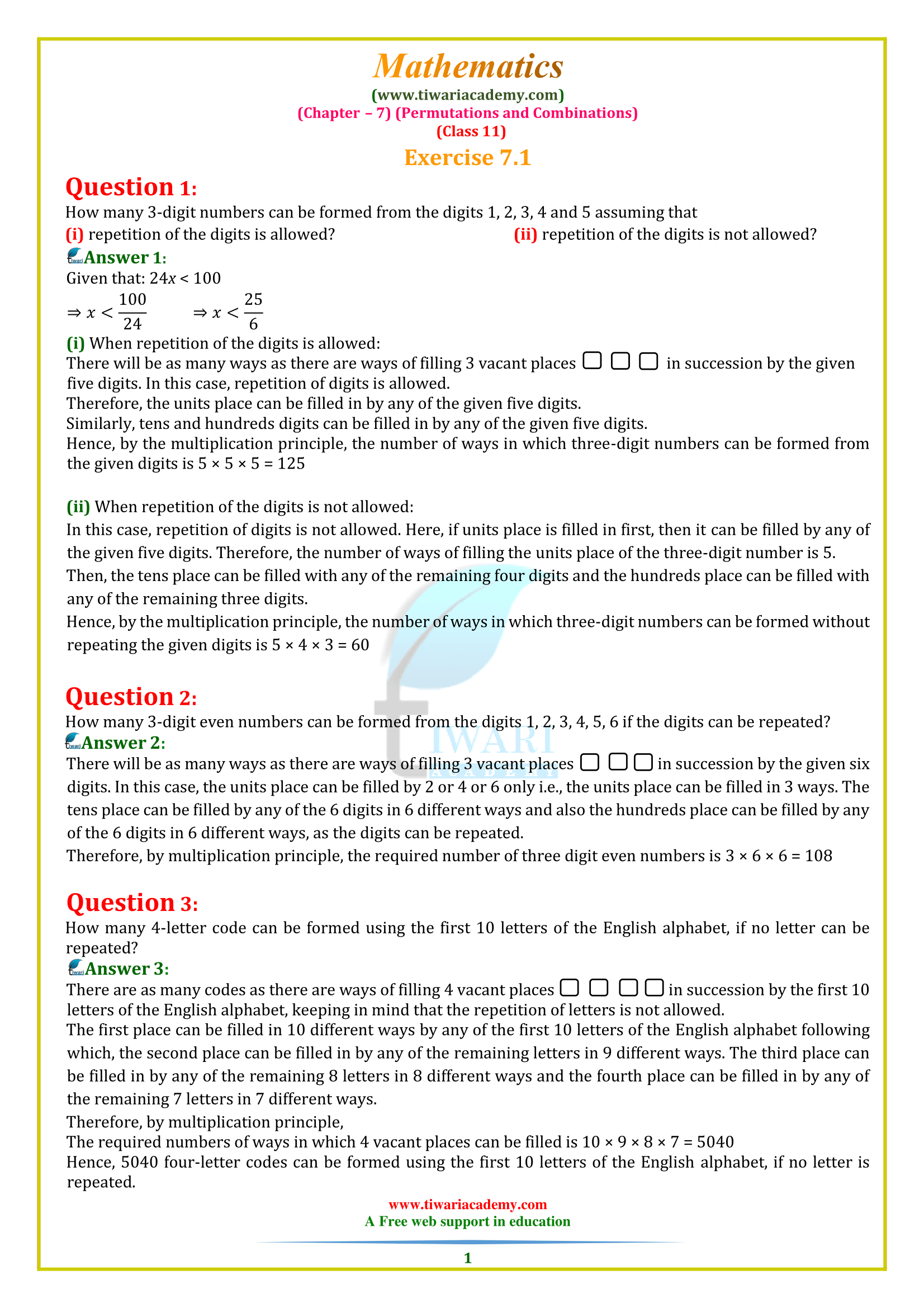 NCERT Solutions for Class 11 Maths Chapter 7 Permutations and Combinations Exercise 7.1