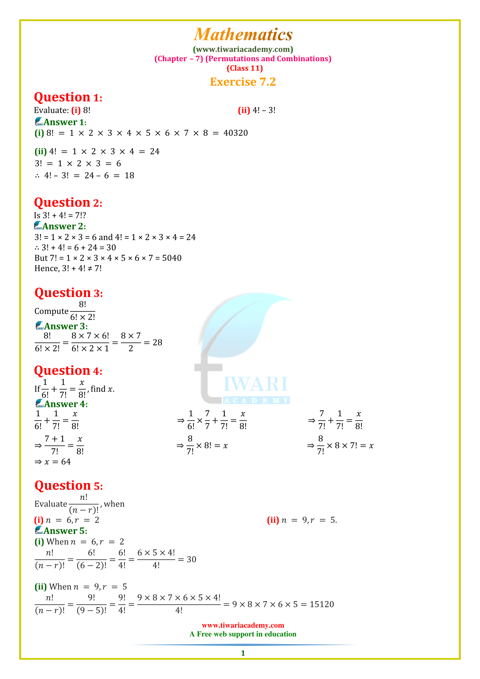 NCERT Solutions for Class 11 Maths Chapter 7 Exercise 7.2