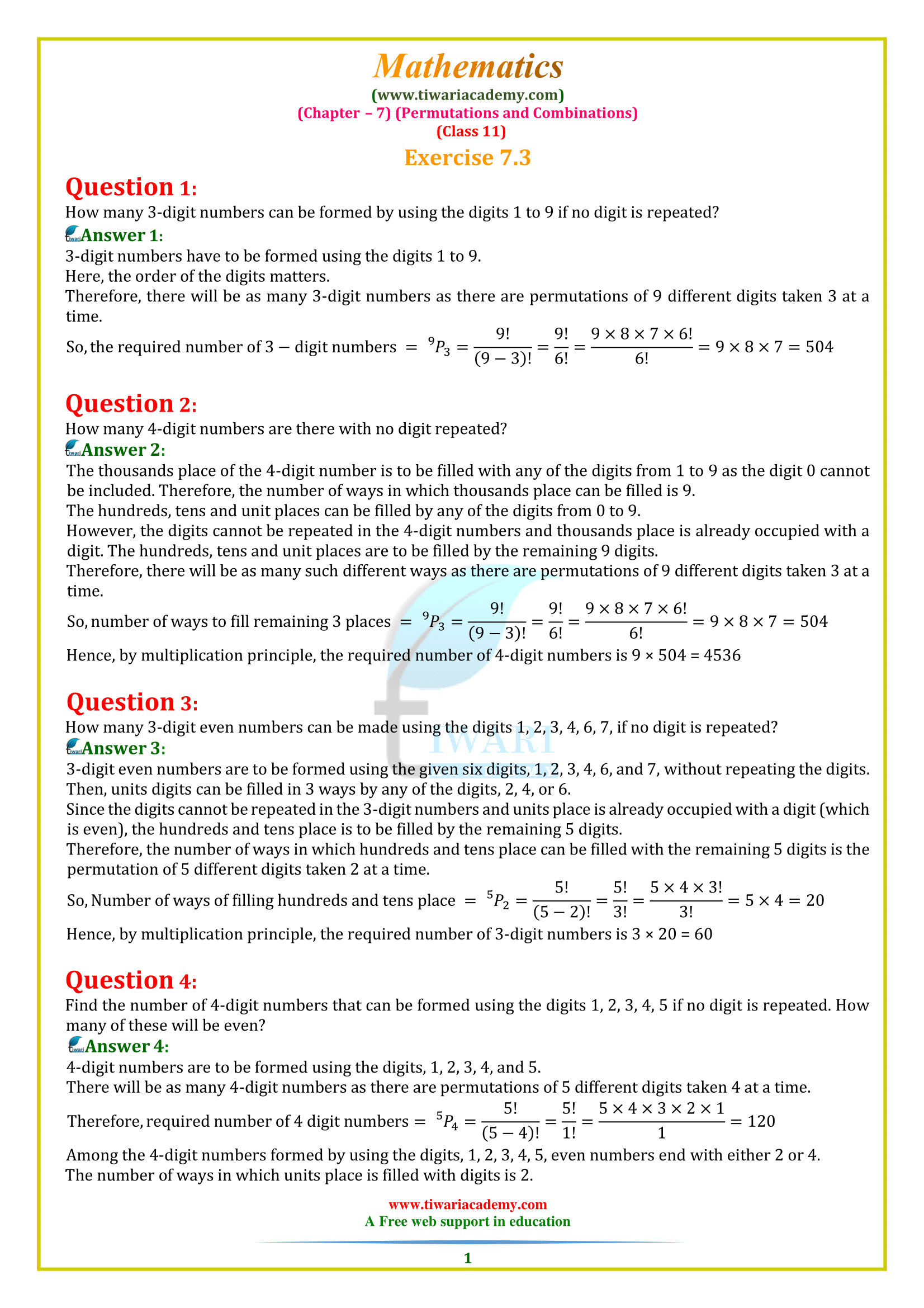 Class 11 Maths Chapter 7 Exercise 7.3 solutions