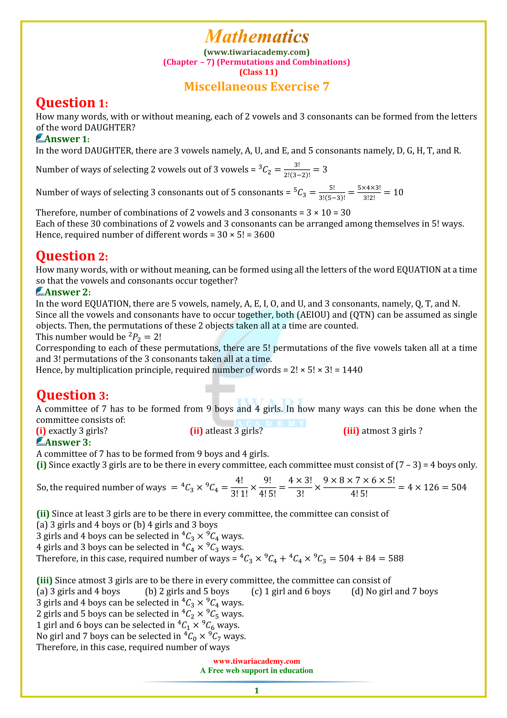 NCERT Solutions for Class 11 Maths Chapter 7 Permutations and Combinations Miscellaneous Exercise
