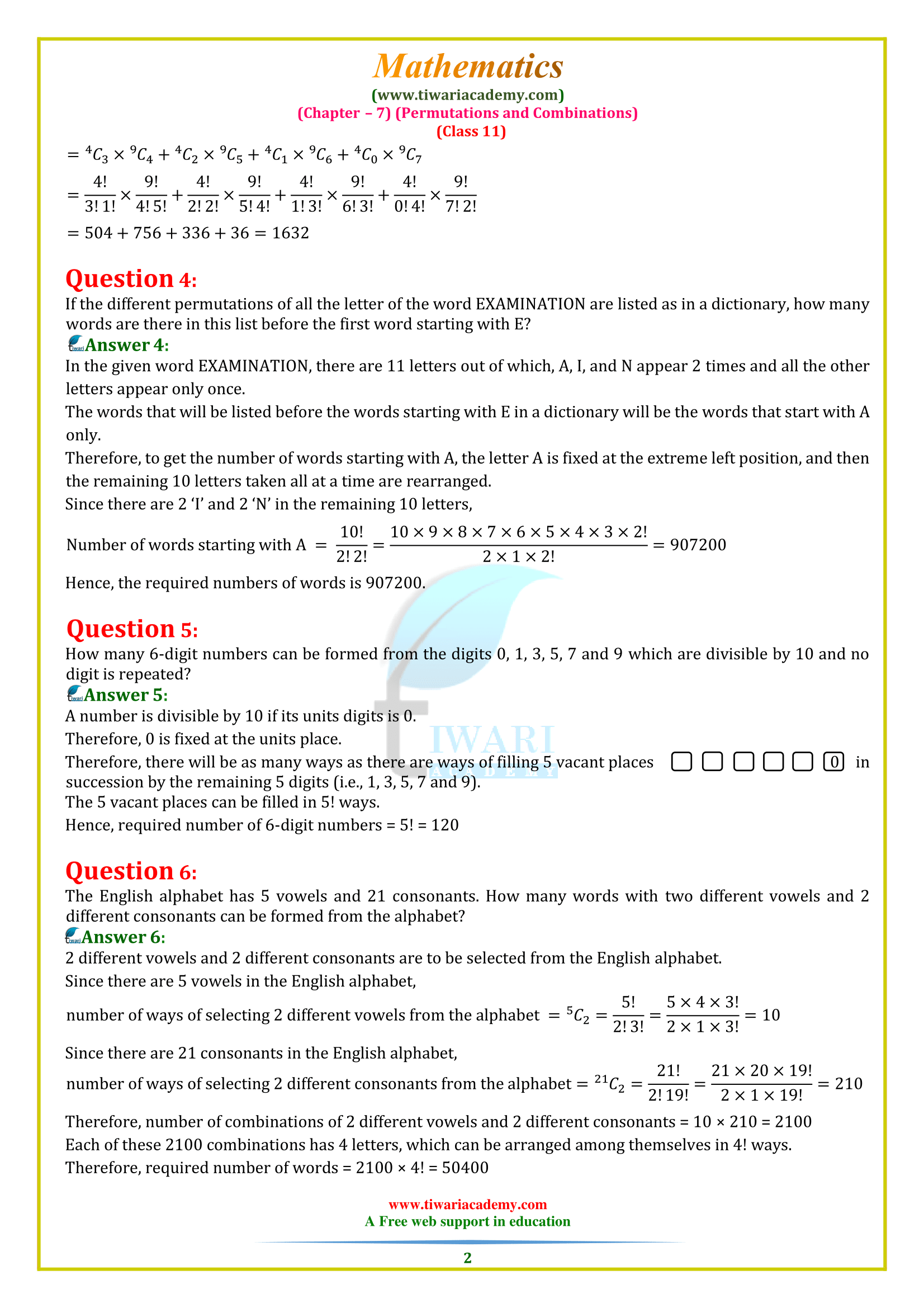 NCERT Solutions for Class 11 Maths Chapter 7 Permutations and Combinations