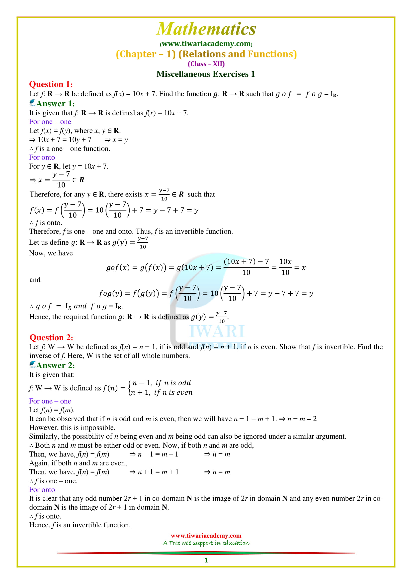 12 Maths Chapter 1 Miscellaneous Exercise question 1, 2, 3, 4, 5, 6