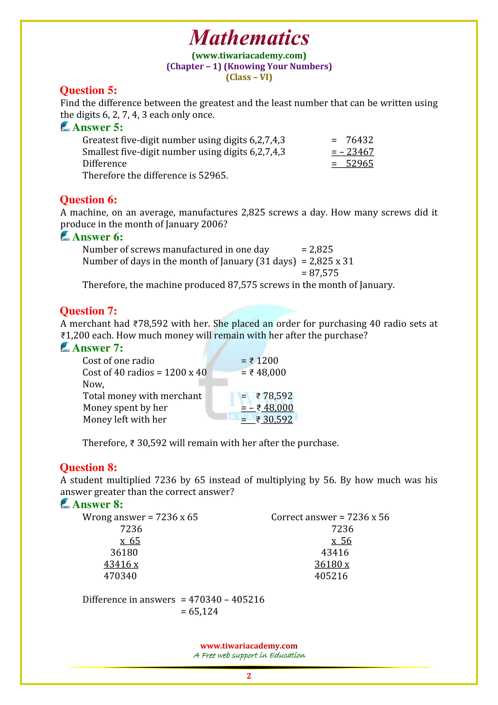 NCERT Solutions for Class 6 Maths Chapter 1 exercise 1.2 in pdf form download