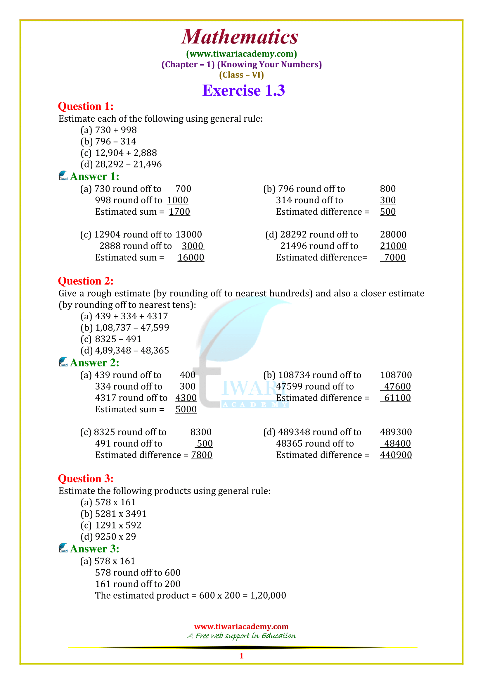 Class 6 Maths Chapter 1 Exercise 1.3 in English Medium