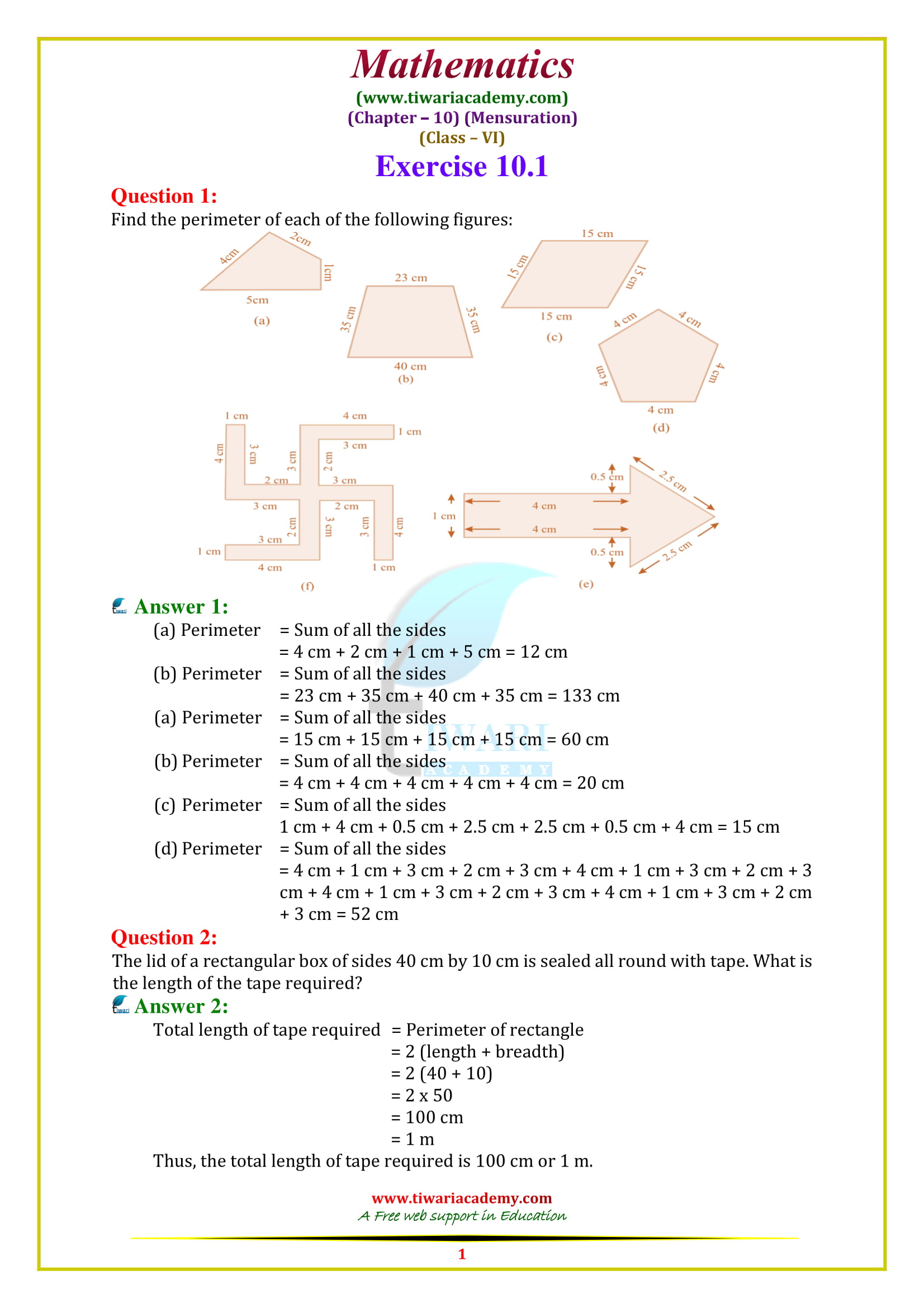 NCERT Solutions for Class 6 Maths Chapter 10 Exercise 10.1