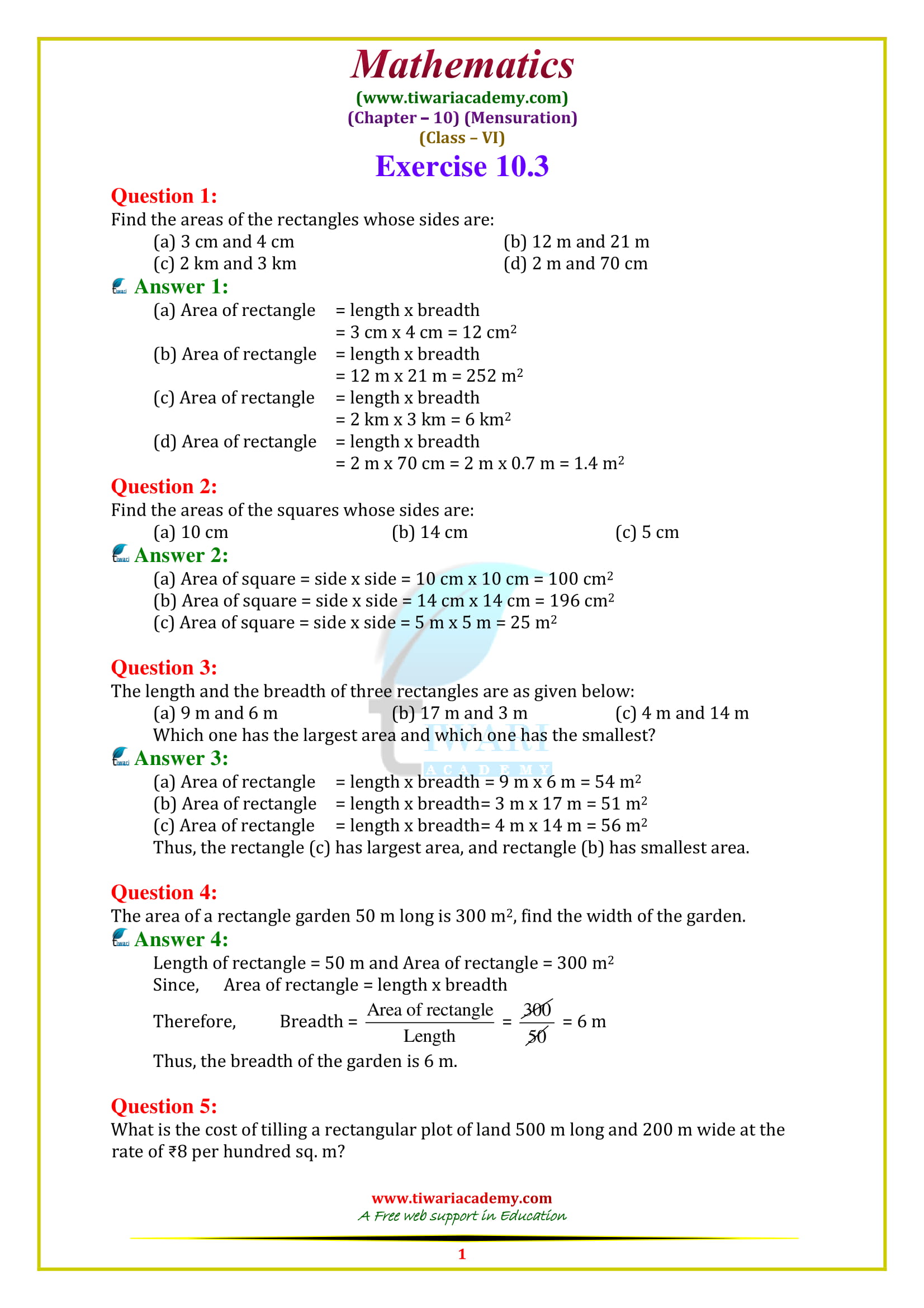 NCERT Solutions for Class 6 Maths Chapter 10 Exercise 10.3