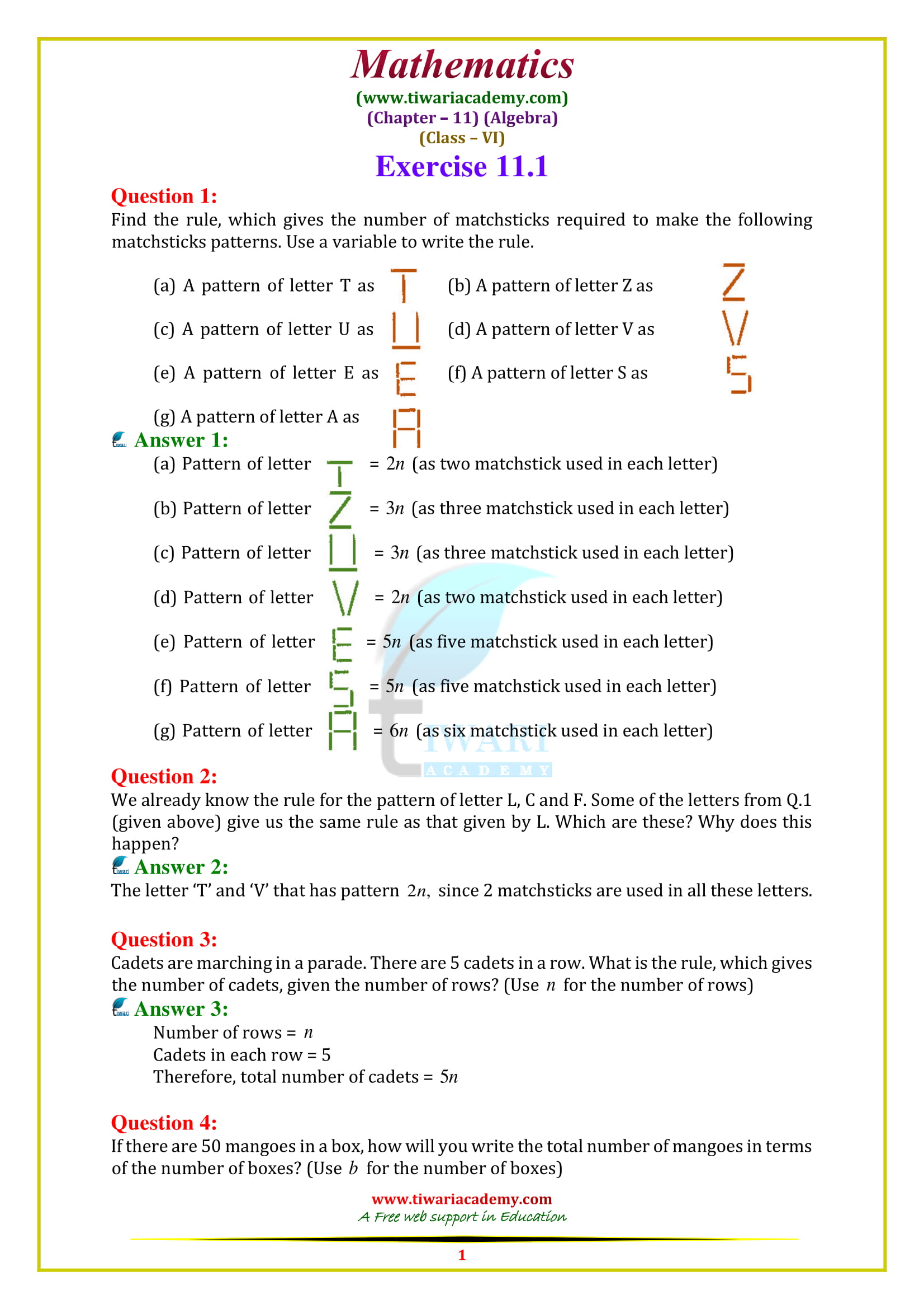NCERT Solutions for Class 6 Maths Chapter 11