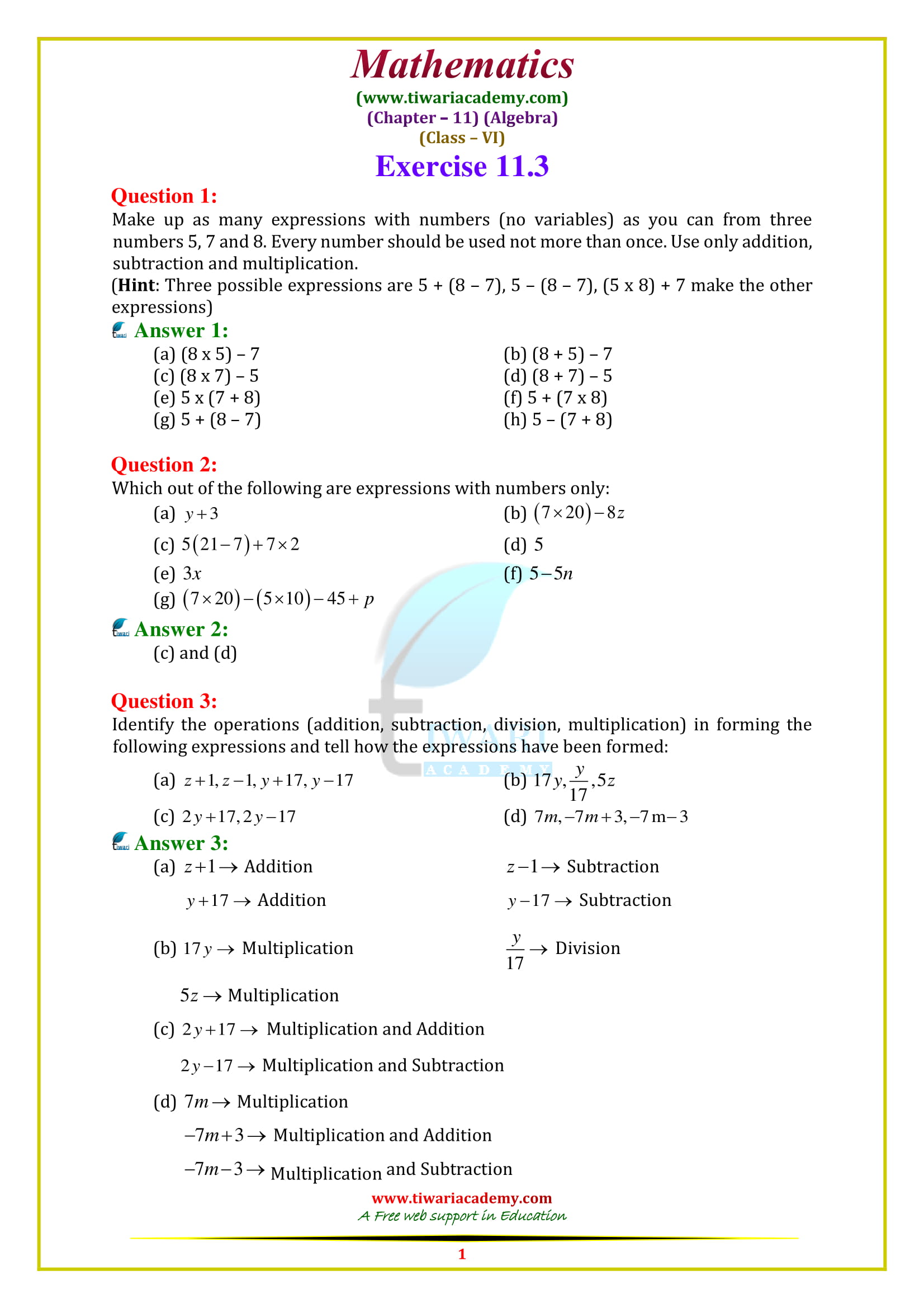 NCERT Solutions for Class 6 Maths Chapter 11 Exercise 11.3
