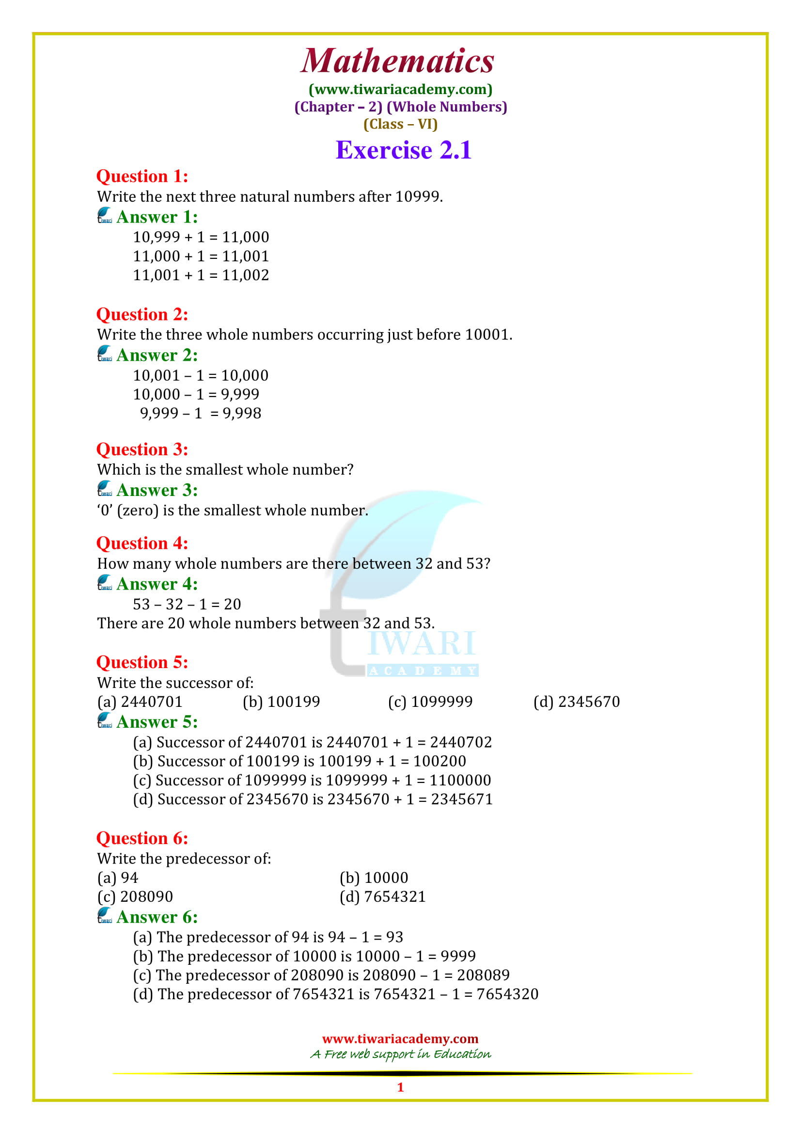 NCERT Solutions for Class 6 Maths Chapter 2 exercise 2.1 in english medium